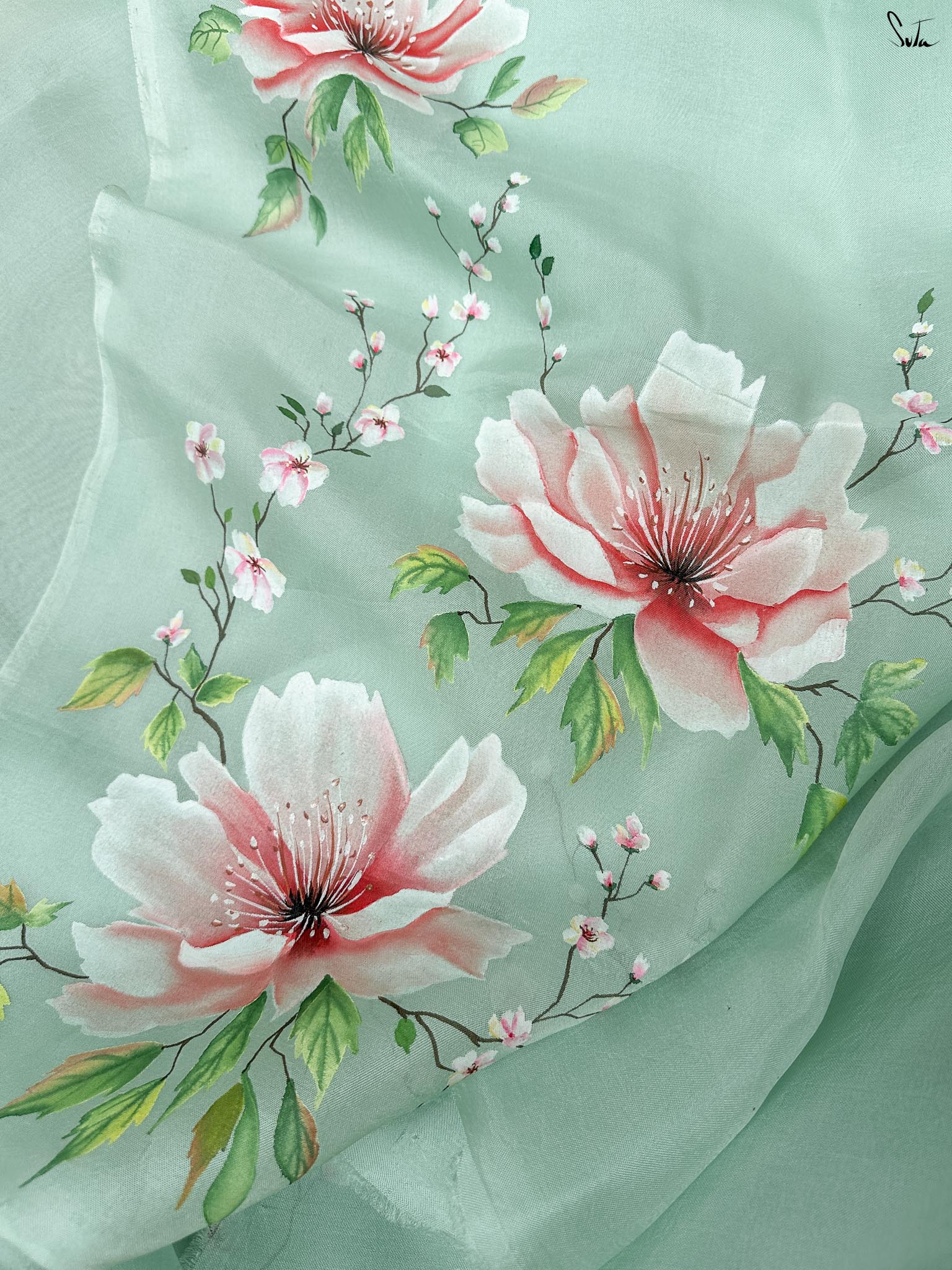 Rosy Mint Whisper (Hand Painted Pure Organza Saree)