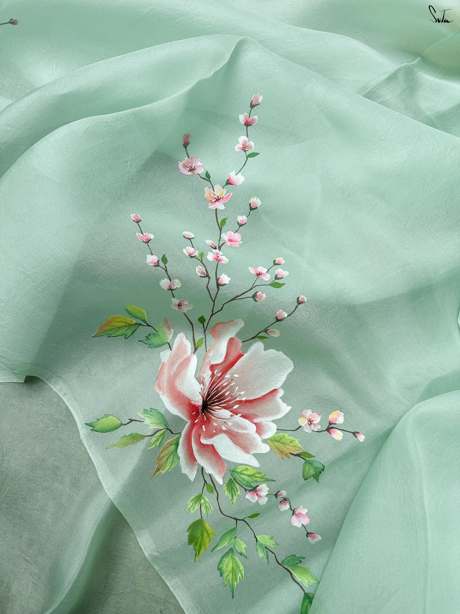 Rosy Mint Whisper (Hand Painted Pure Organza Saree)