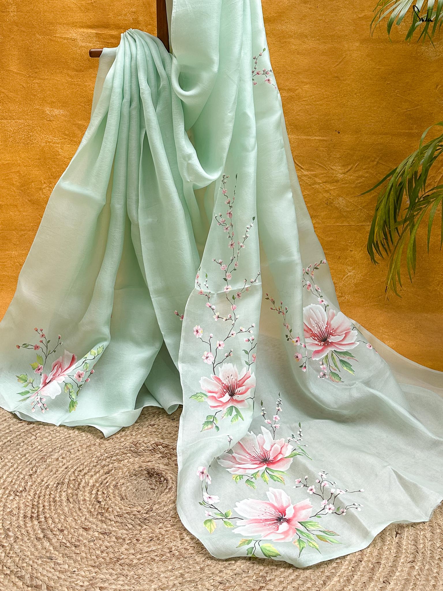 Rosy Mint Whisper (Hand Painted Pure Organza Saree)