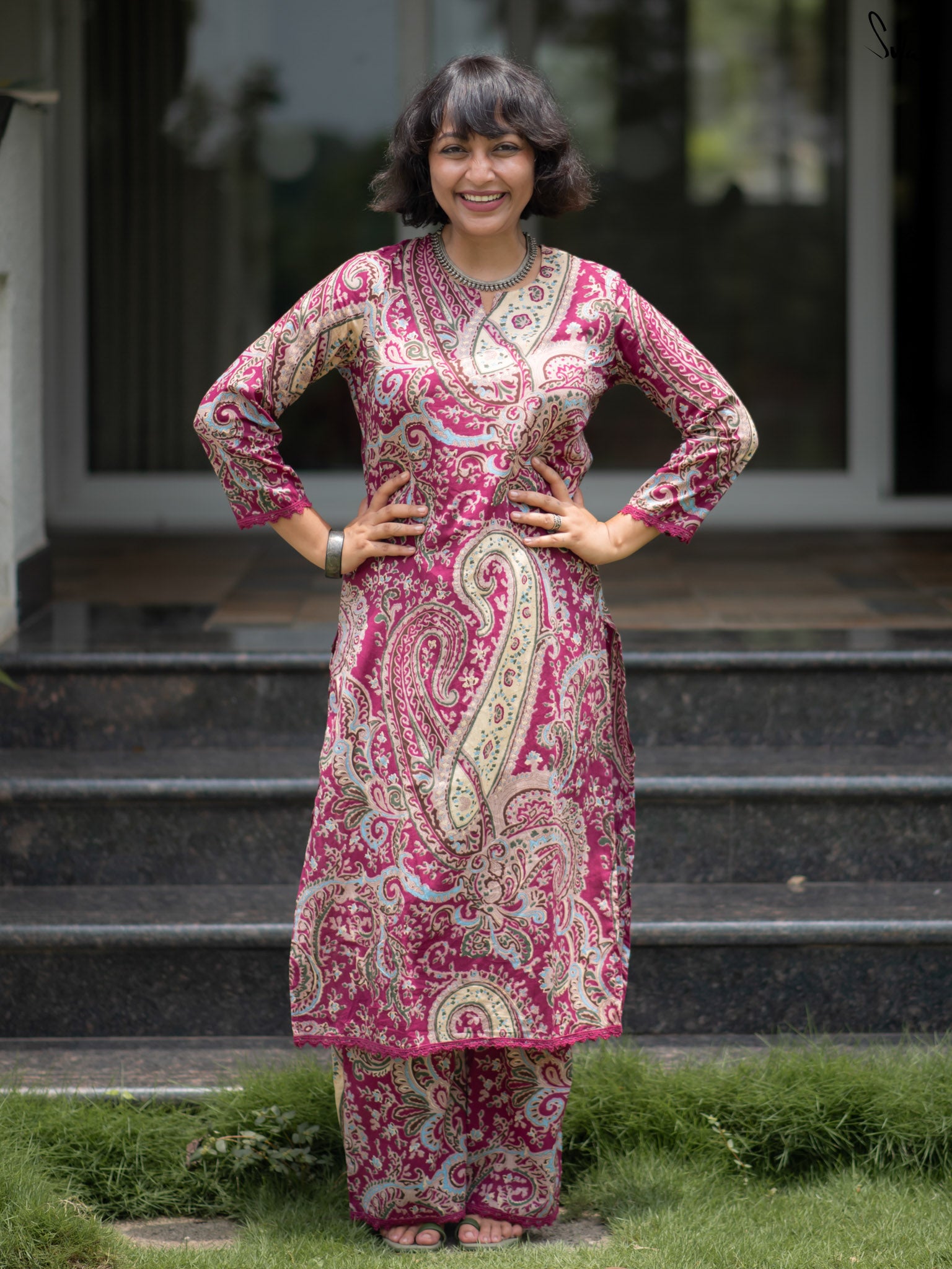 Suta Wine Cotton Kurta Set