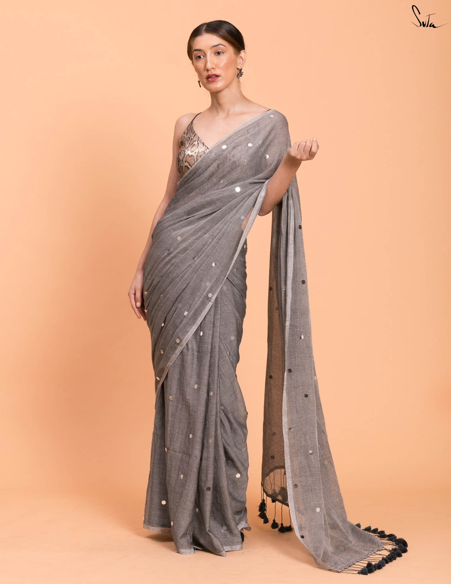 Suta Grey Embellished Sequinned Pure Cotton Saree