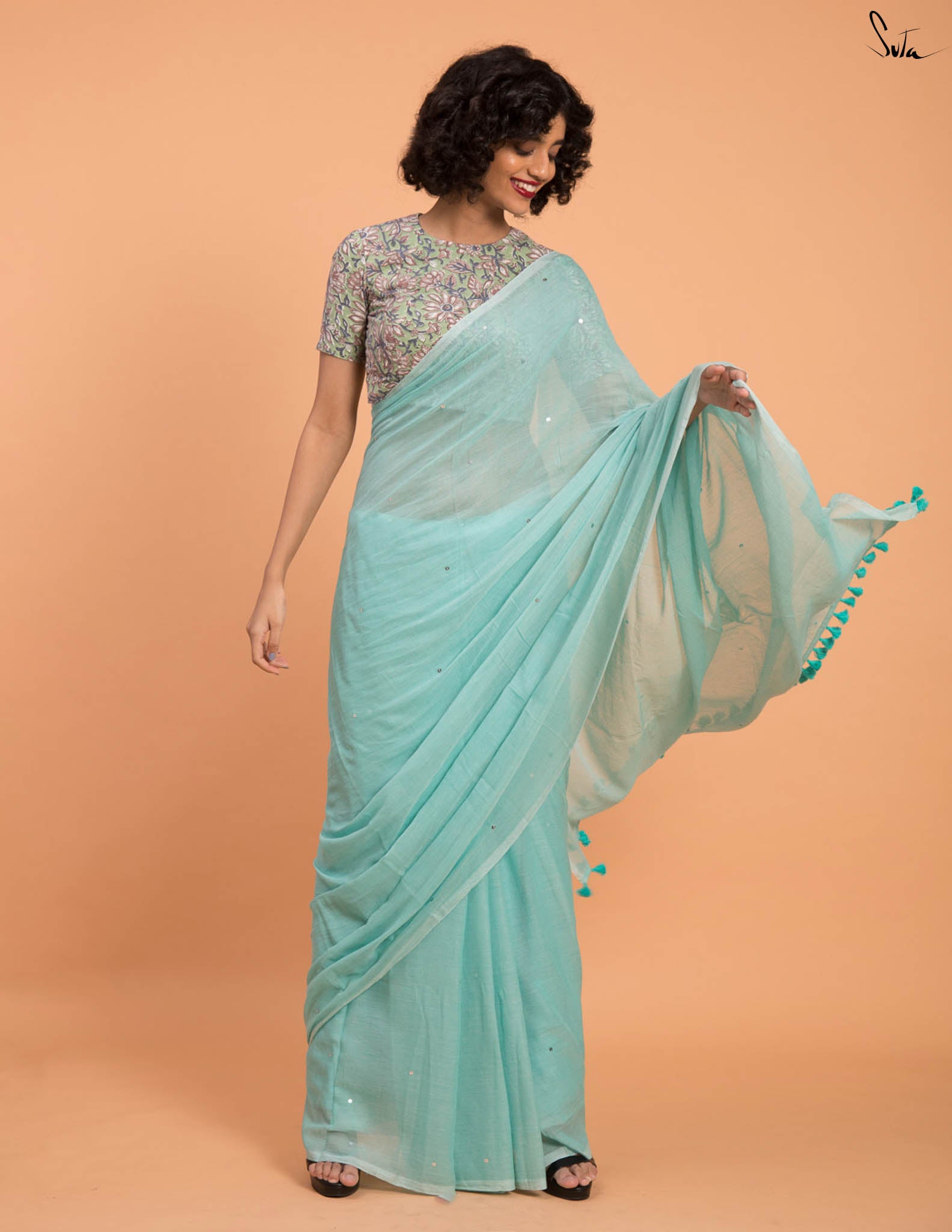 Suta Ice Green Embellished Sequinned Pure Cotton Saree