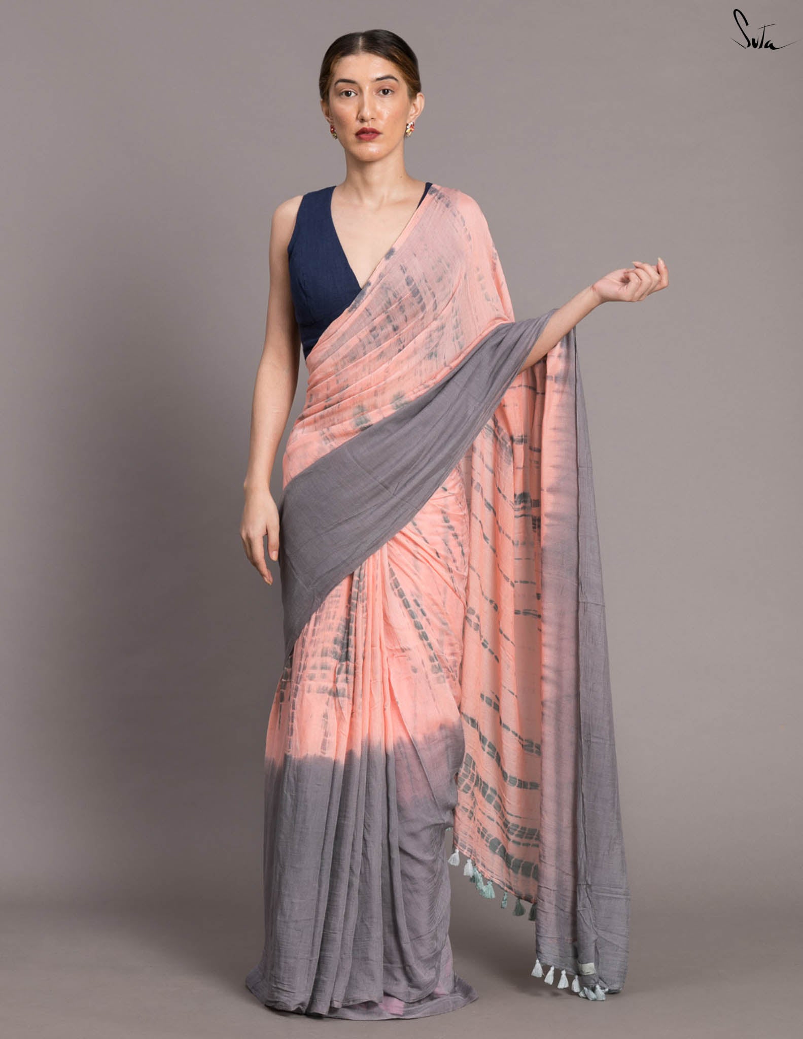 Suta Peach-Coloured & Grey Tie & Dye Pure Cotton Saree
