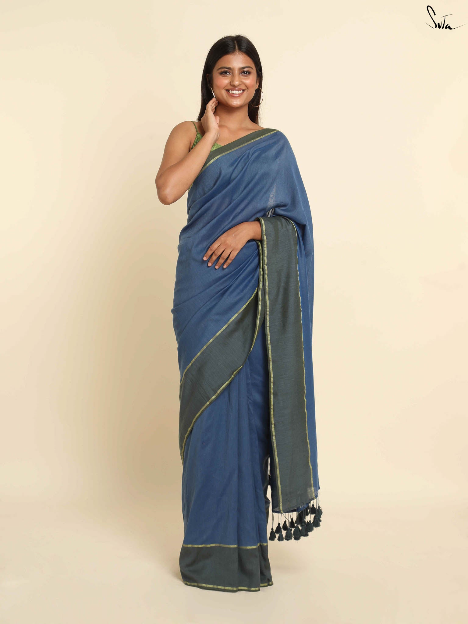Suta Blue Solid Zari Saree