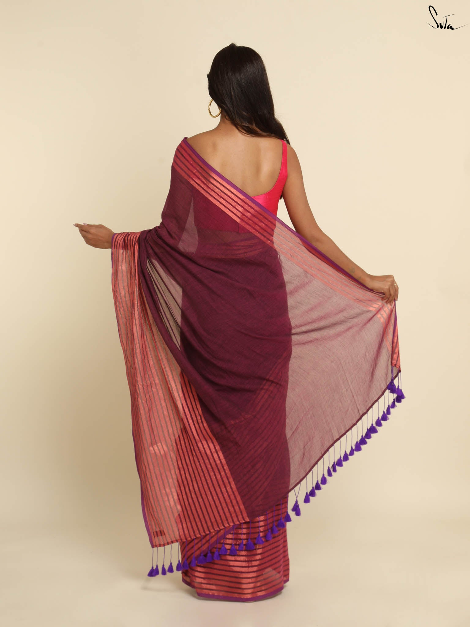 Suta Magenta Striped Zari Saree