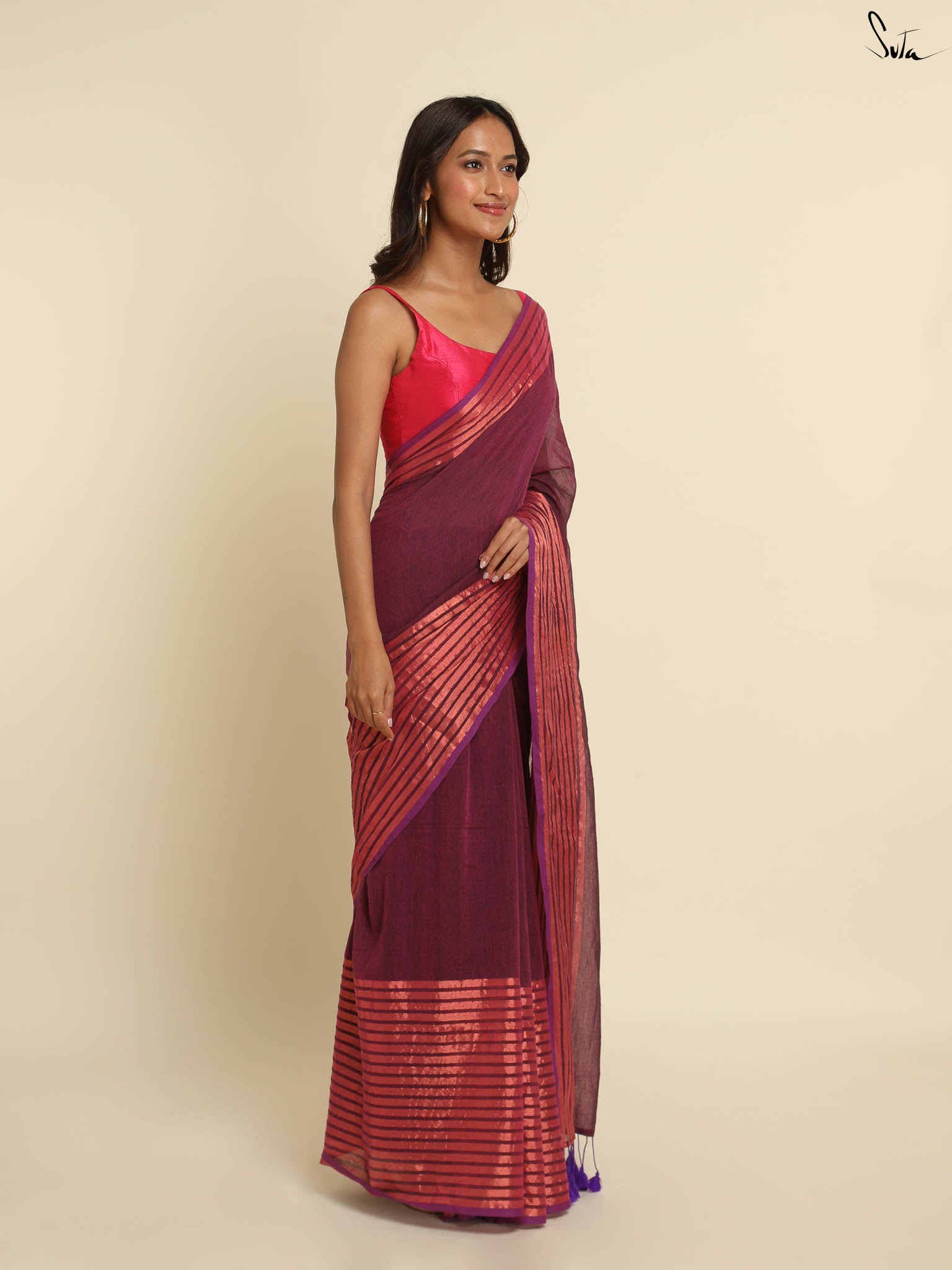 Suta Magenta Striped Zari Saree