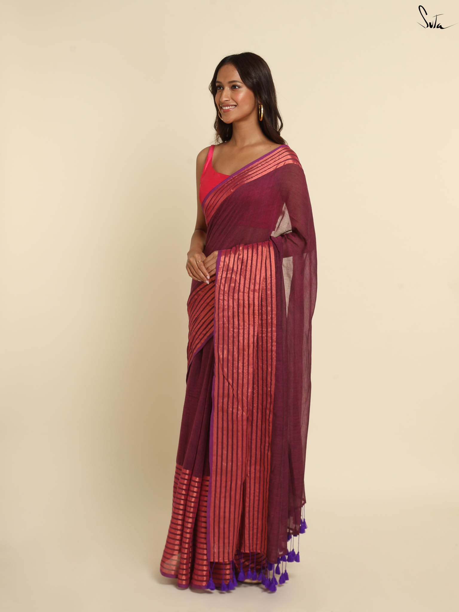 Suta Magenta Striped Zari Saree