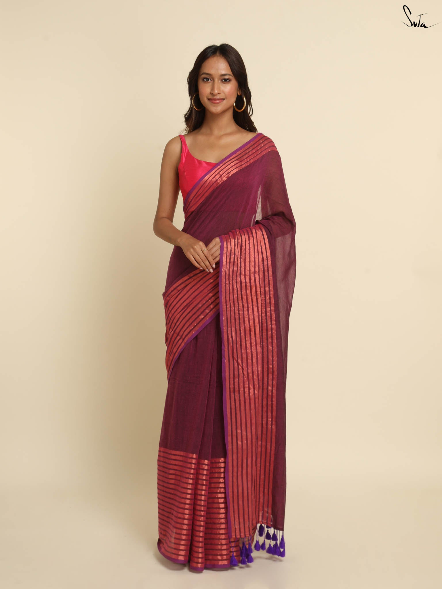 Suta Magenta Striped Zari Saree