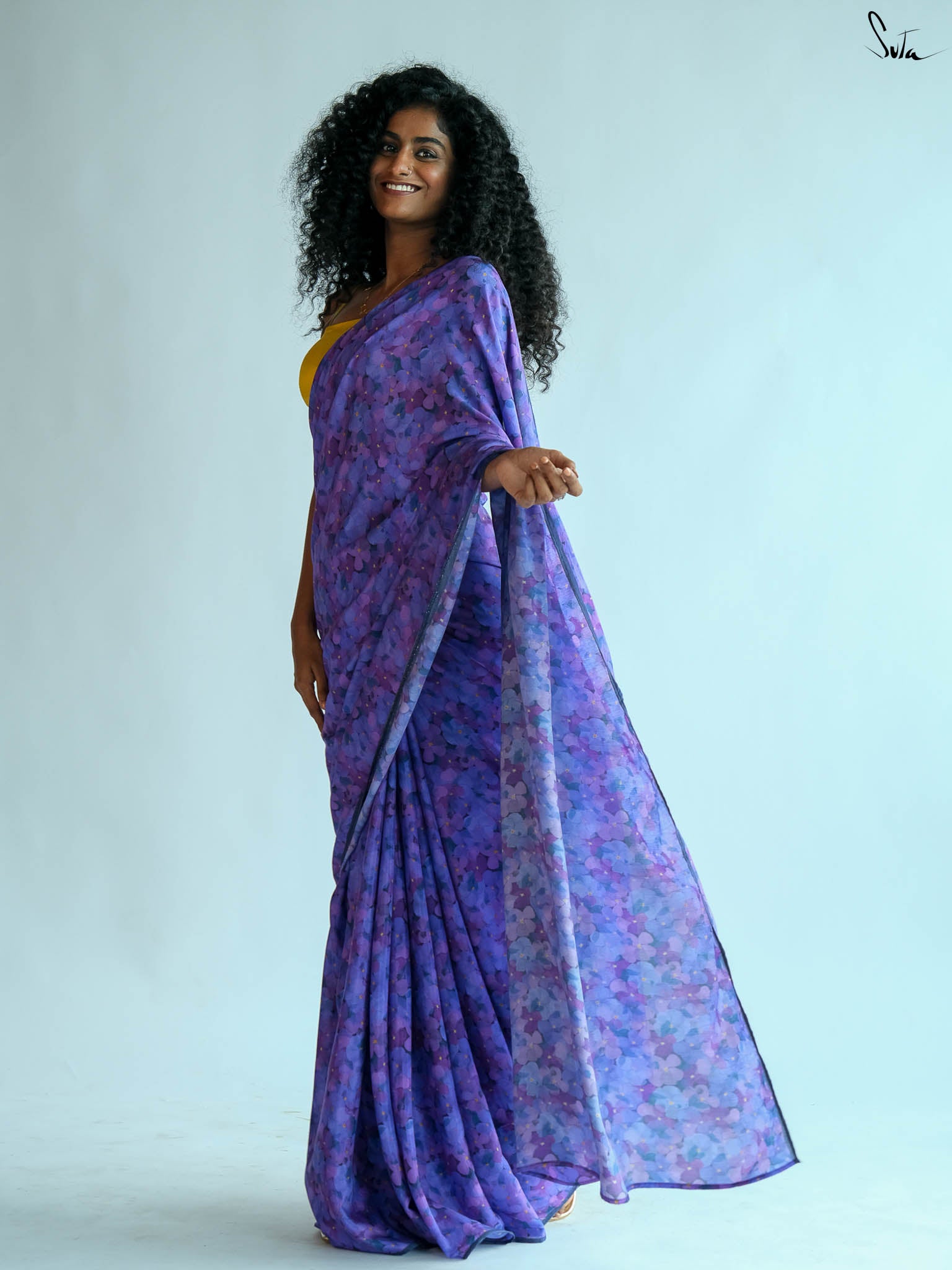 Suta Purple & Blue Floral Printed Saree