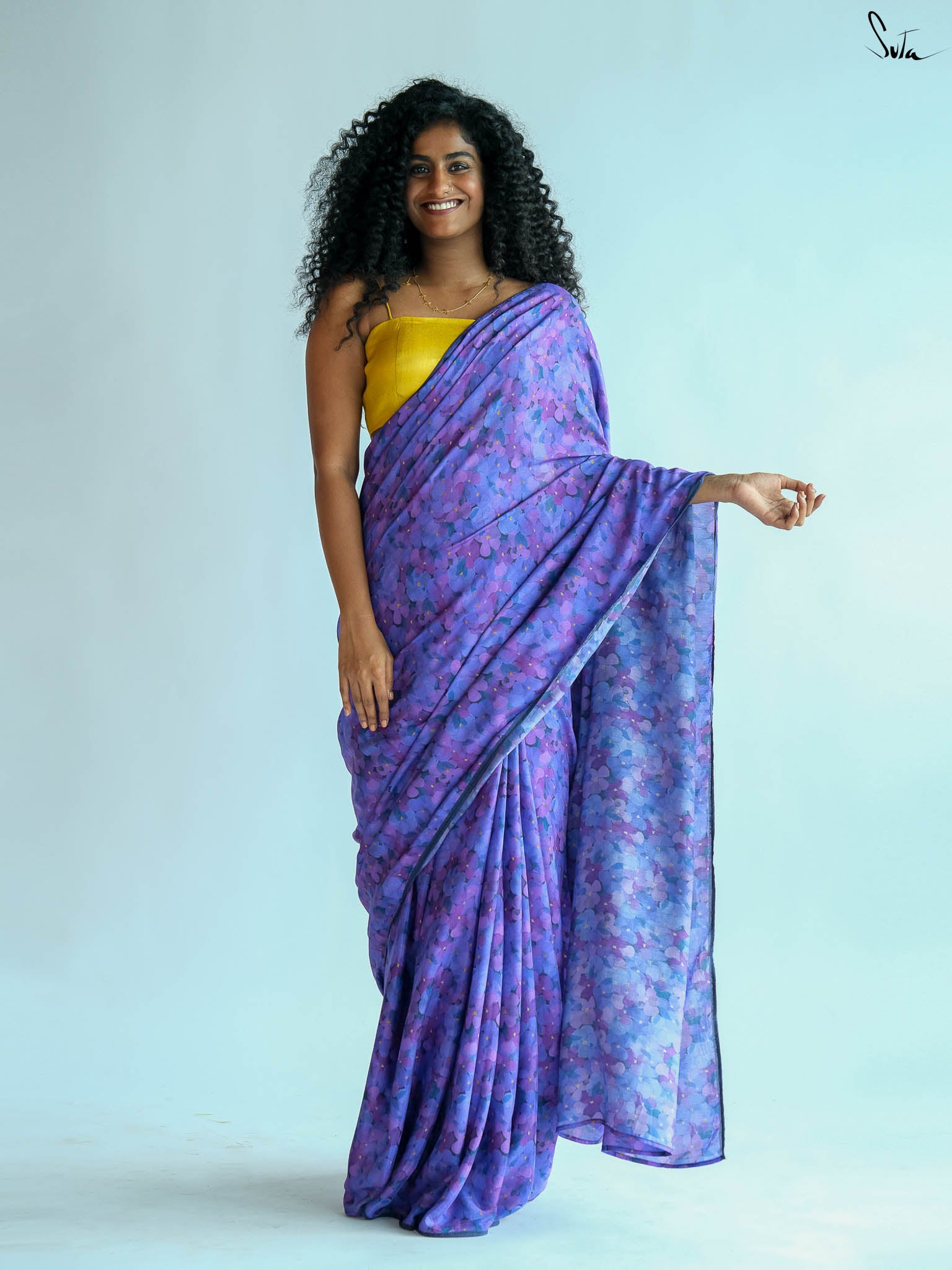 Suta Purple & Blue Floral Printed Saree