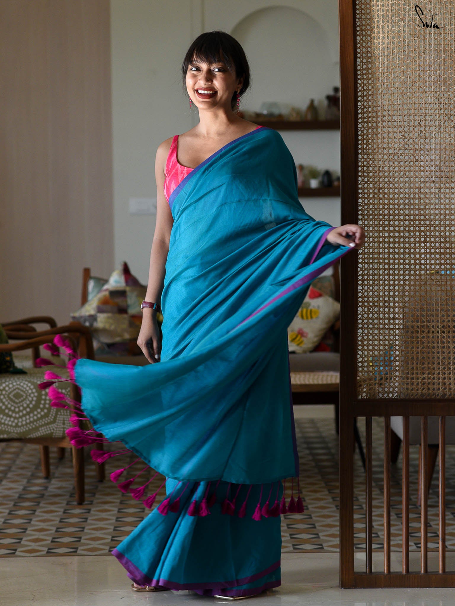 Suta Blue & Pink Saree With Tassels