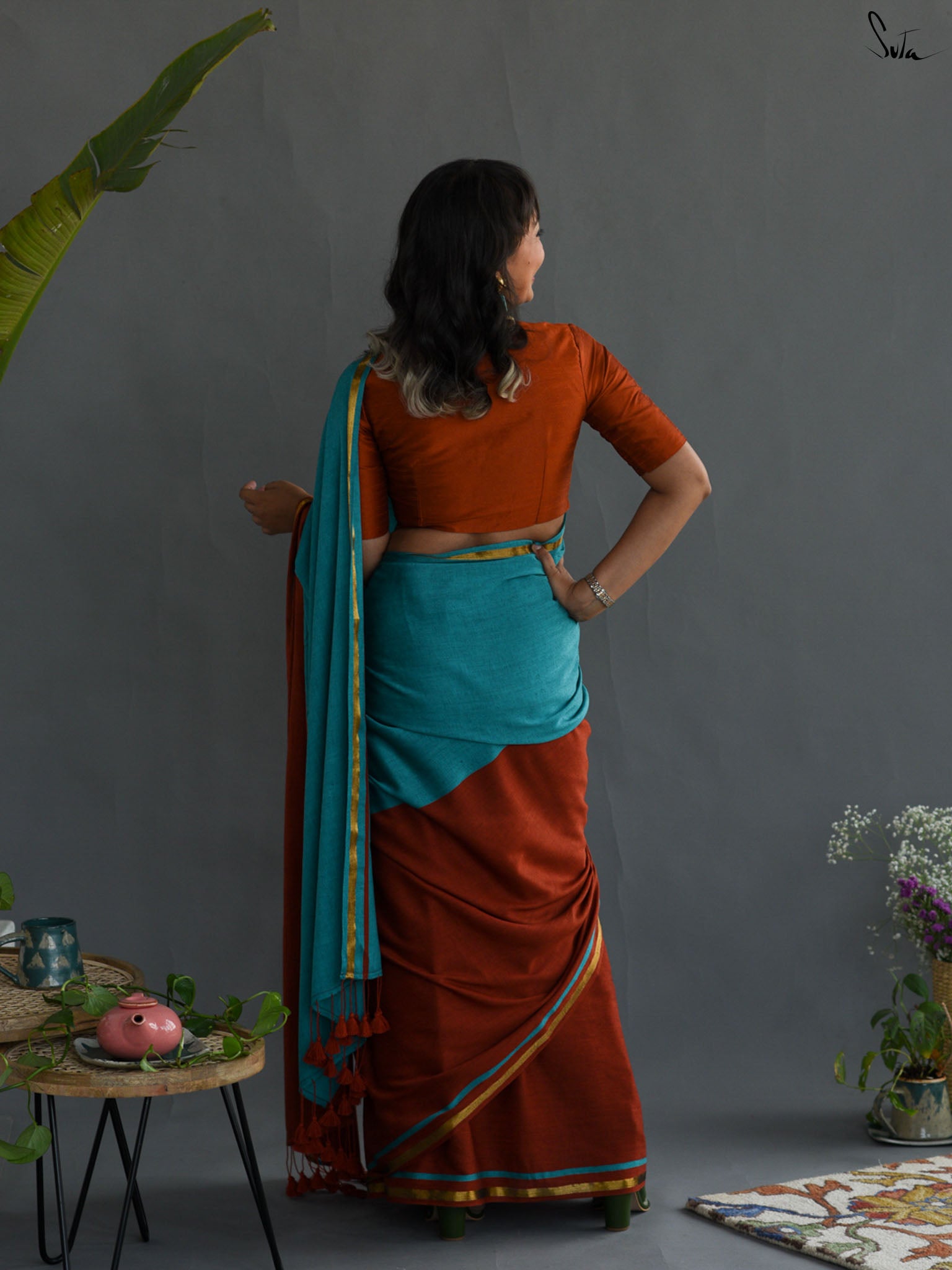 Double Trouble: Blue/Rust Saree