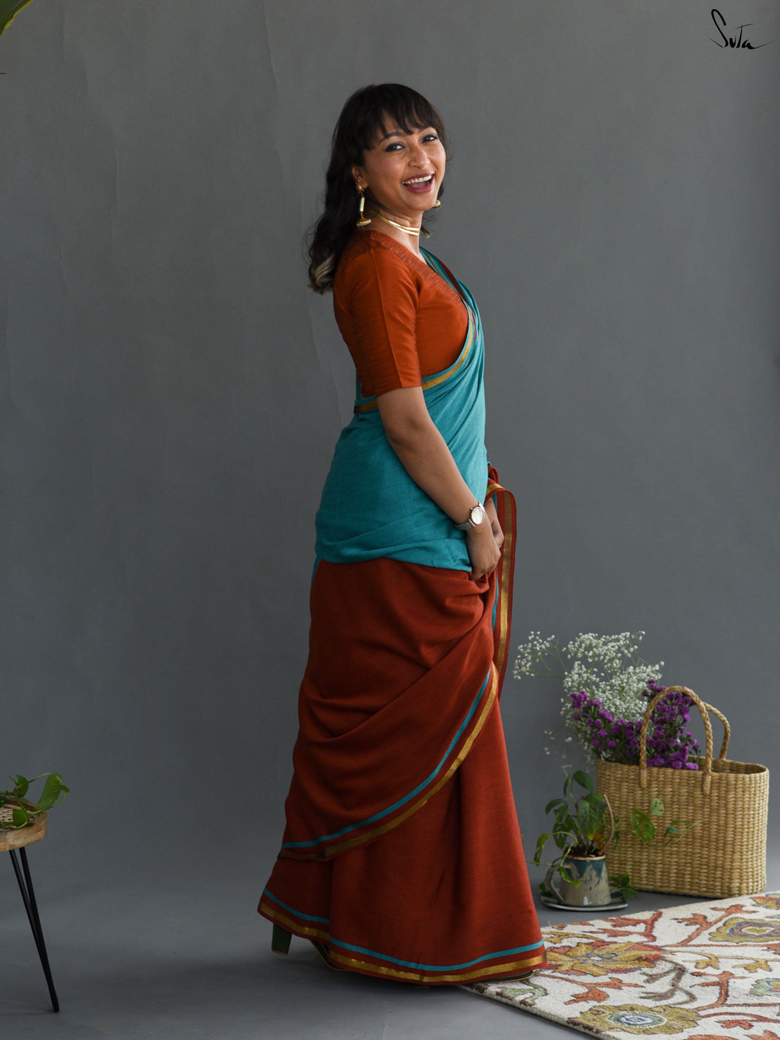 Double Trouble: Blue/Rust Saree