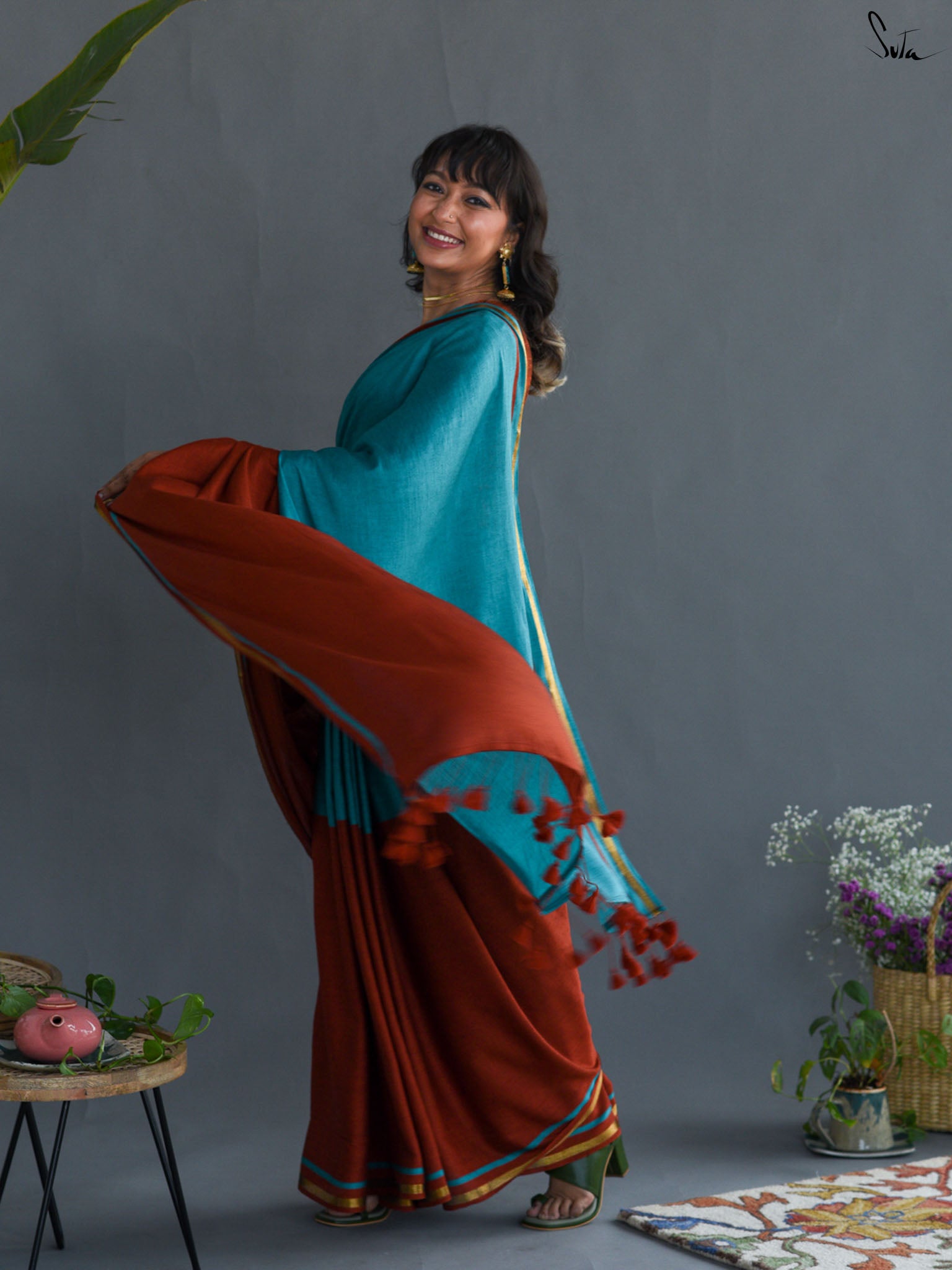 Double Trouble: Blue/Rust Saree