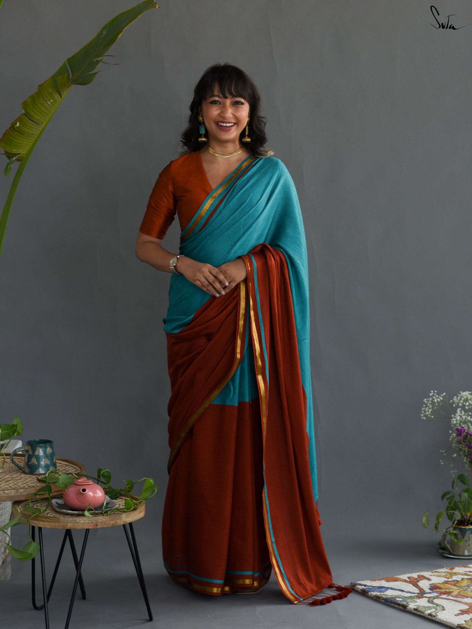 Double Trouble: Blue/Rust Saree
