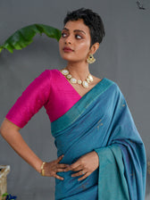 Suta Turquoise Blue & Gold-Toned Floral Woven Design Zari Pure Cotton Saree
