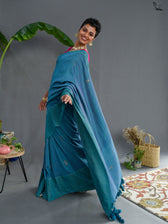 Suta Turquoise Blue & Gold-Toned Floral Woven Design Zari Pure Cotton Saree
