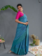 Suta Turquoise Blue & Gold-Toned Floral Woven Design Zari Pure Cotton Saree