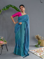 Suta Turquoise Blue & Gold-Toned Floral Woven Design Zari Pure Cotton Saree