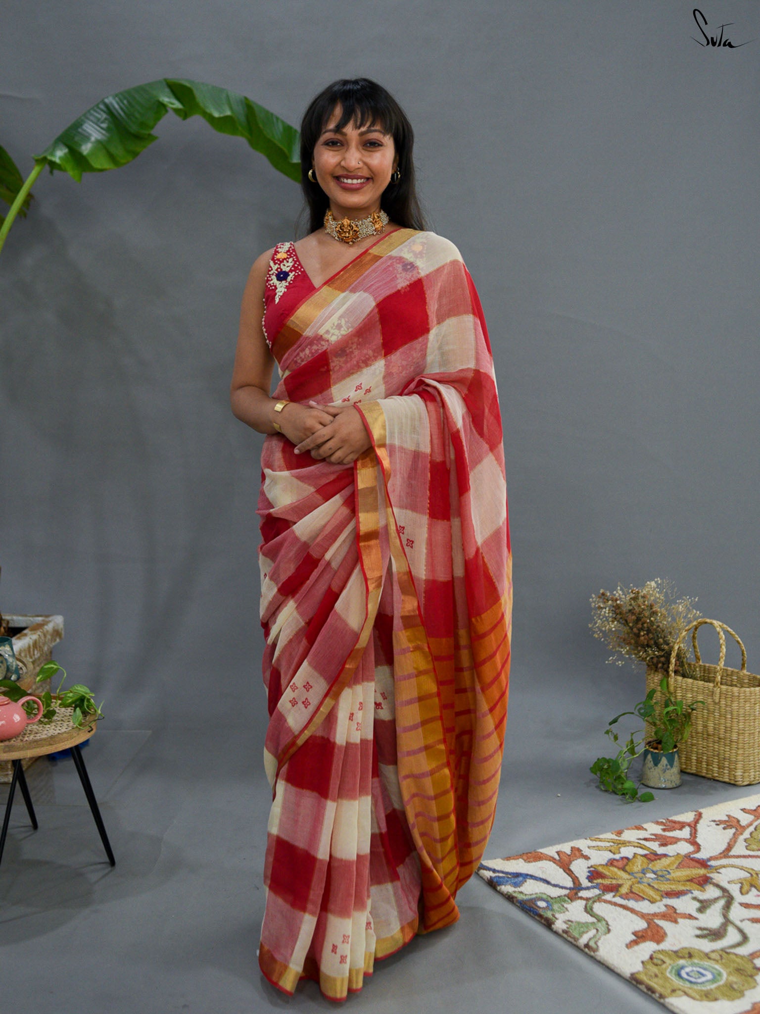 Red Checked Saree