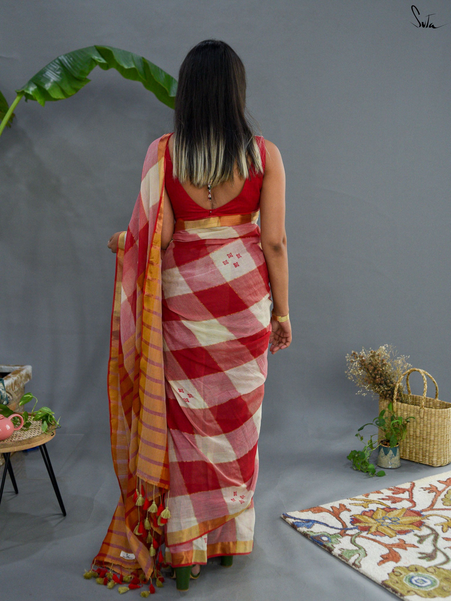 Red Checked Saree