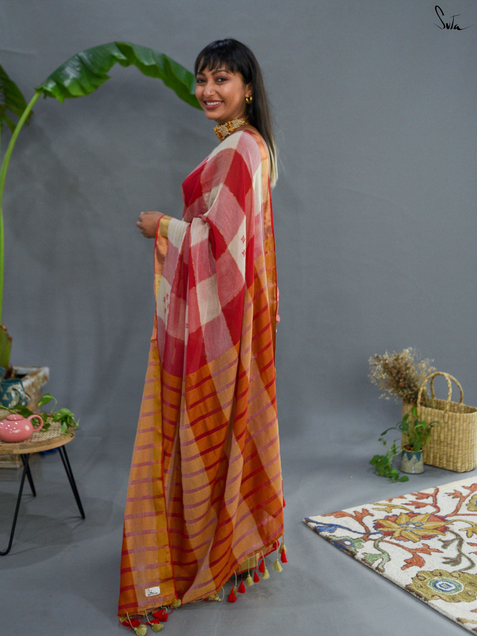 Red Checked Saree
