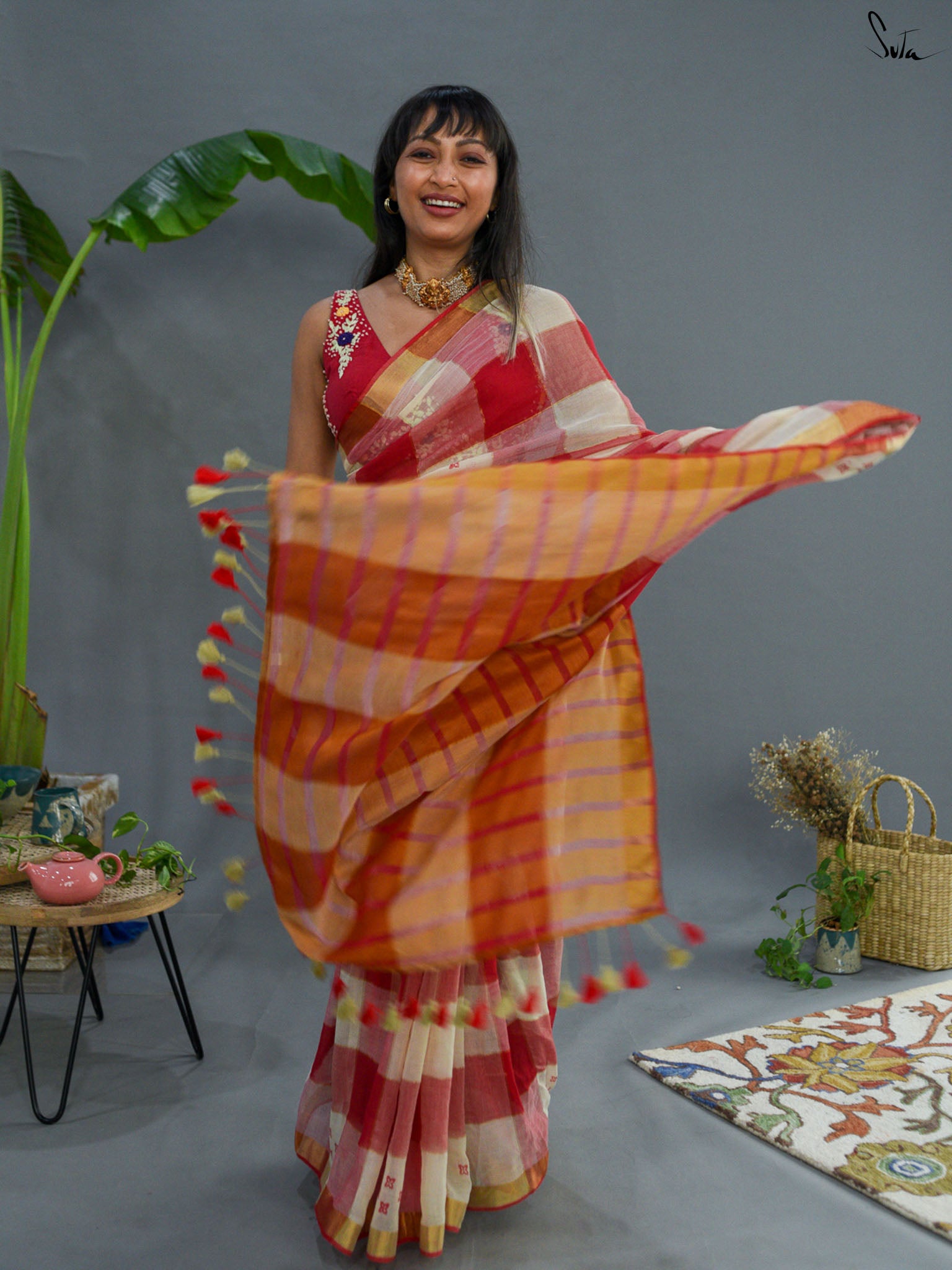 Red Checked Saree