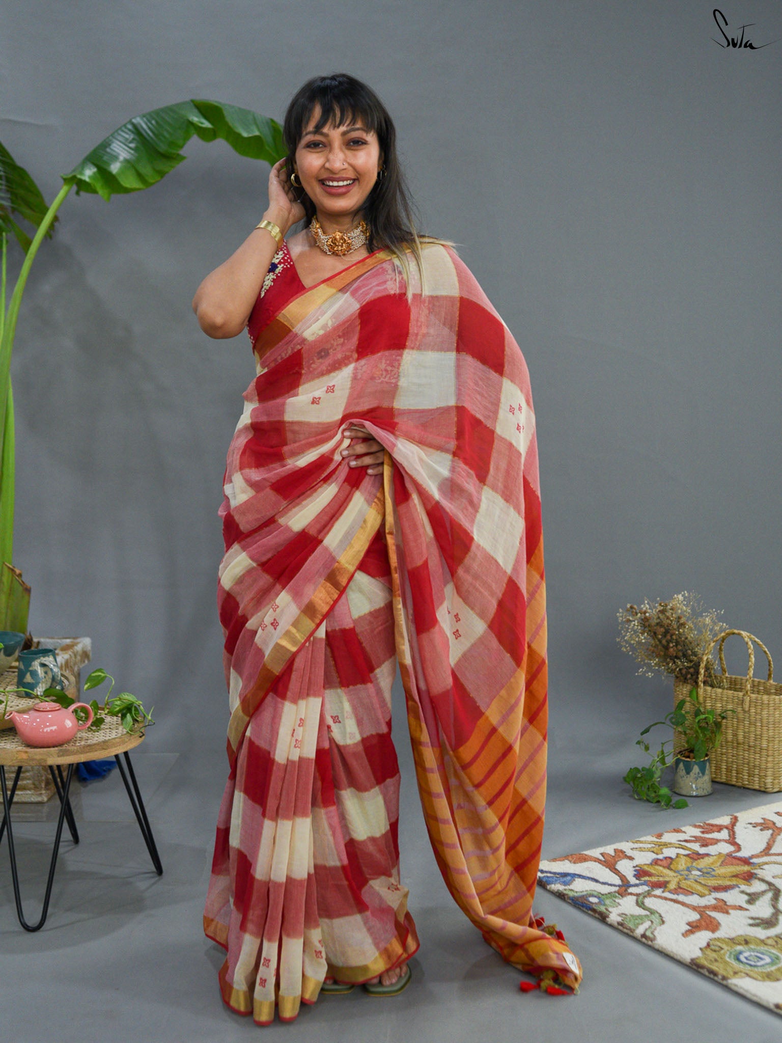 Red Checked Saree