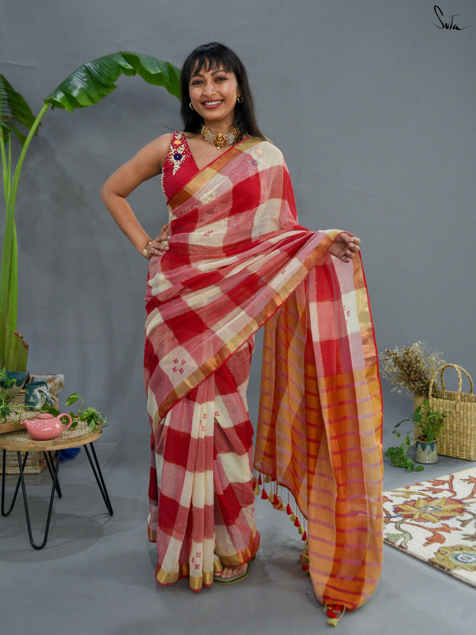 Red Checked Saree