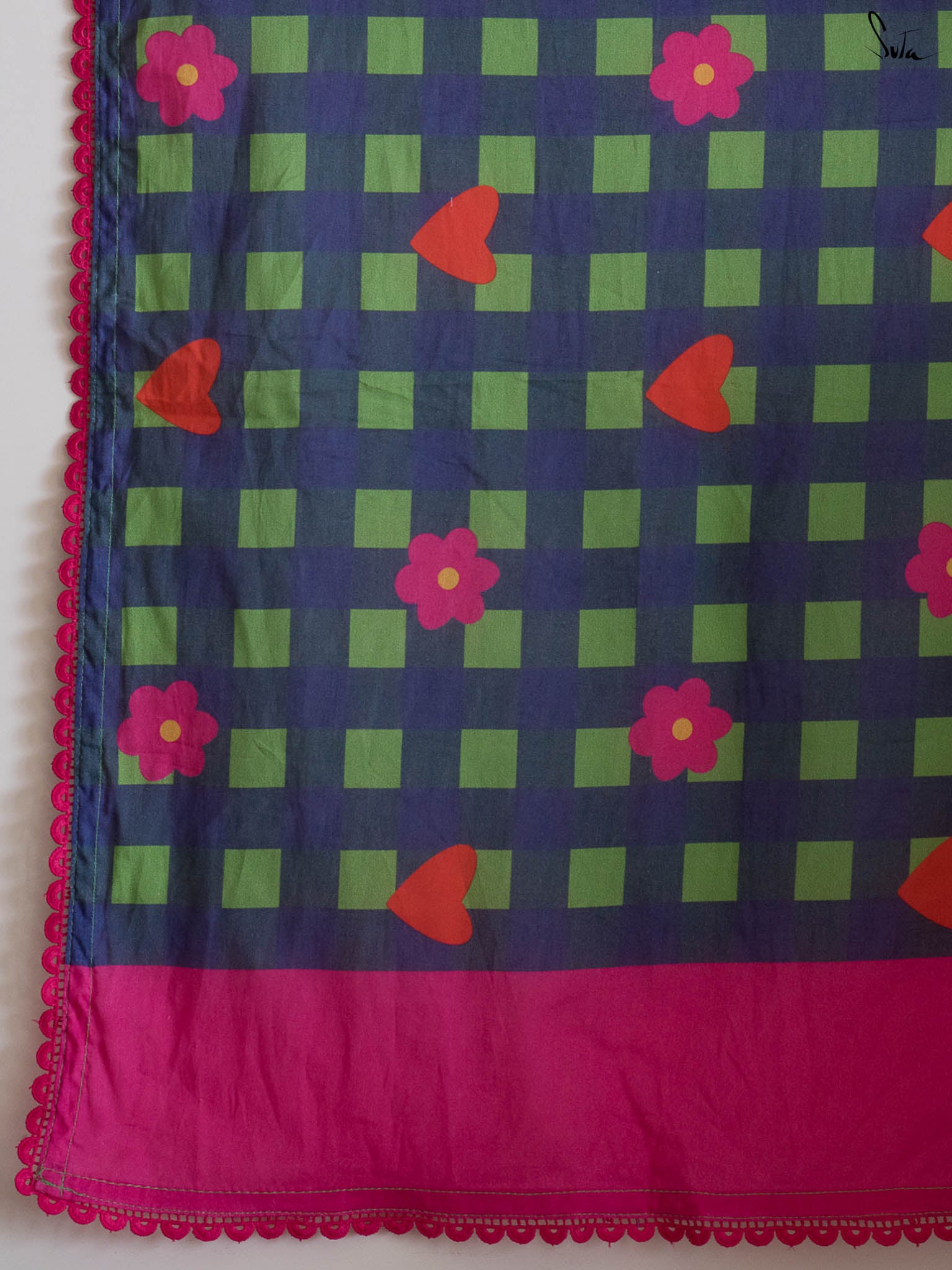 Suta Green & Blue Checked Embroidered Pure Cotton Saree