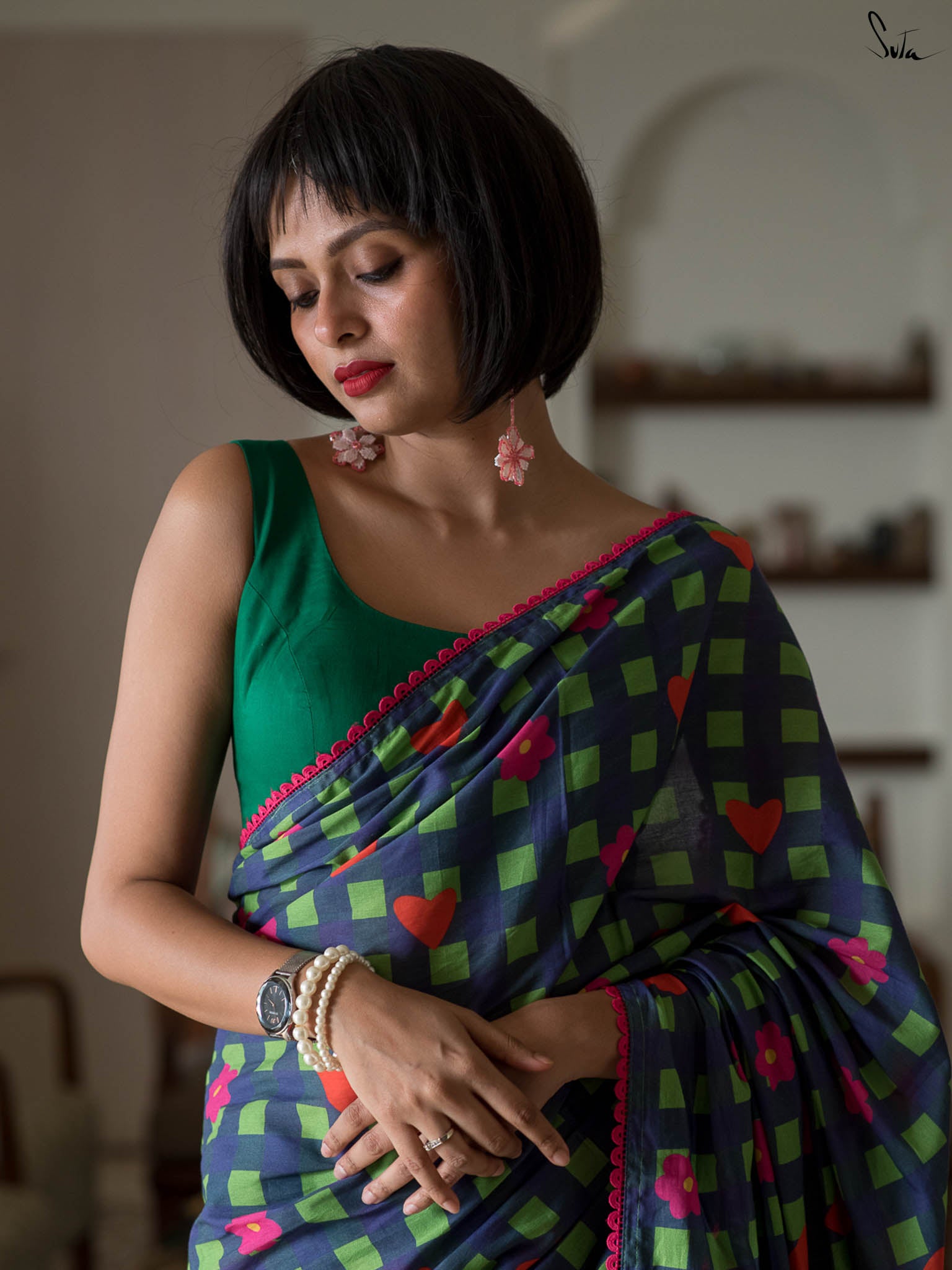 Suta Green & Blue Checked Embroidered Pure Cotton Saree