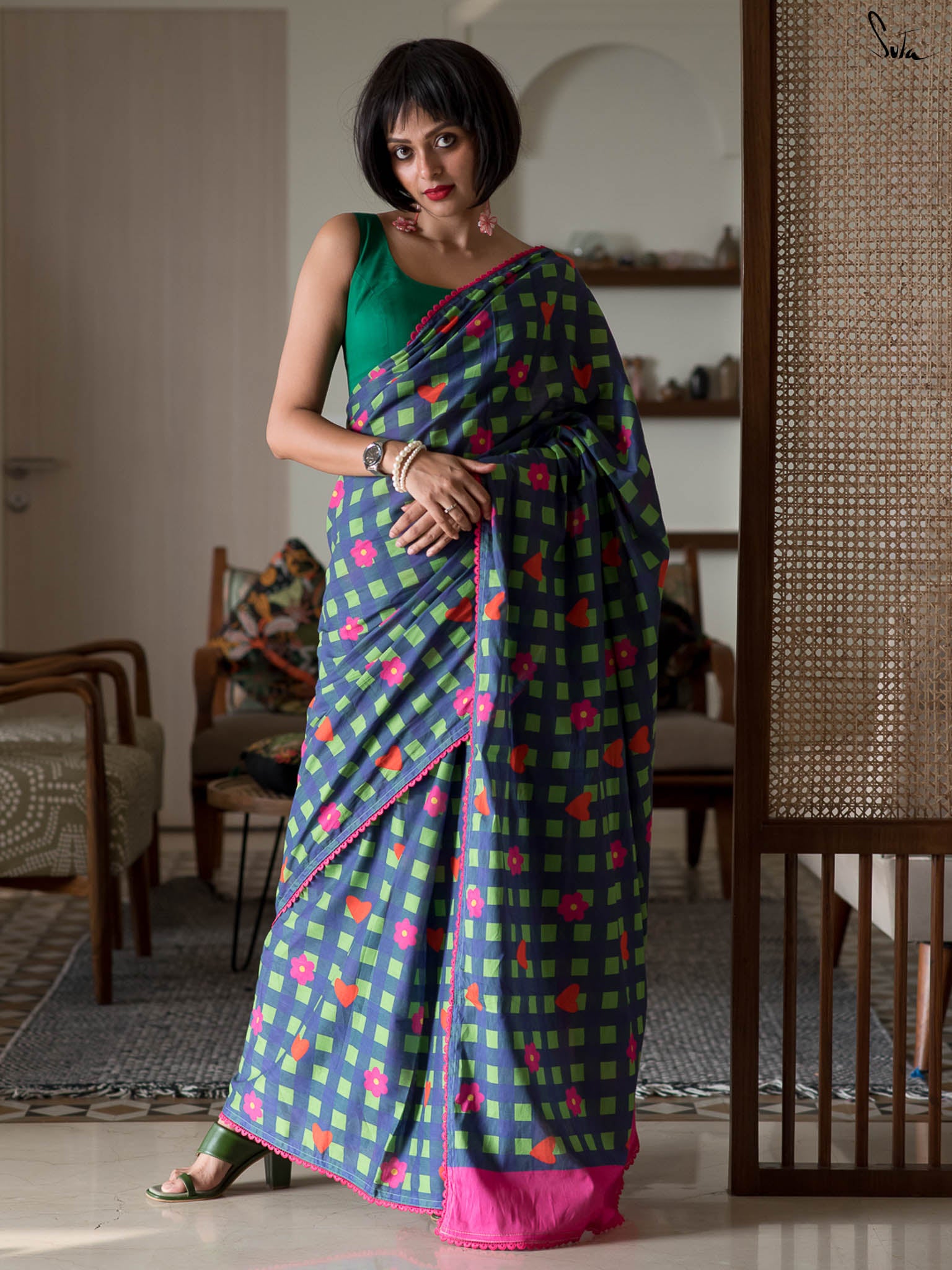 Suta Green & Blue Checked Embroidered Pure Cotton Saree