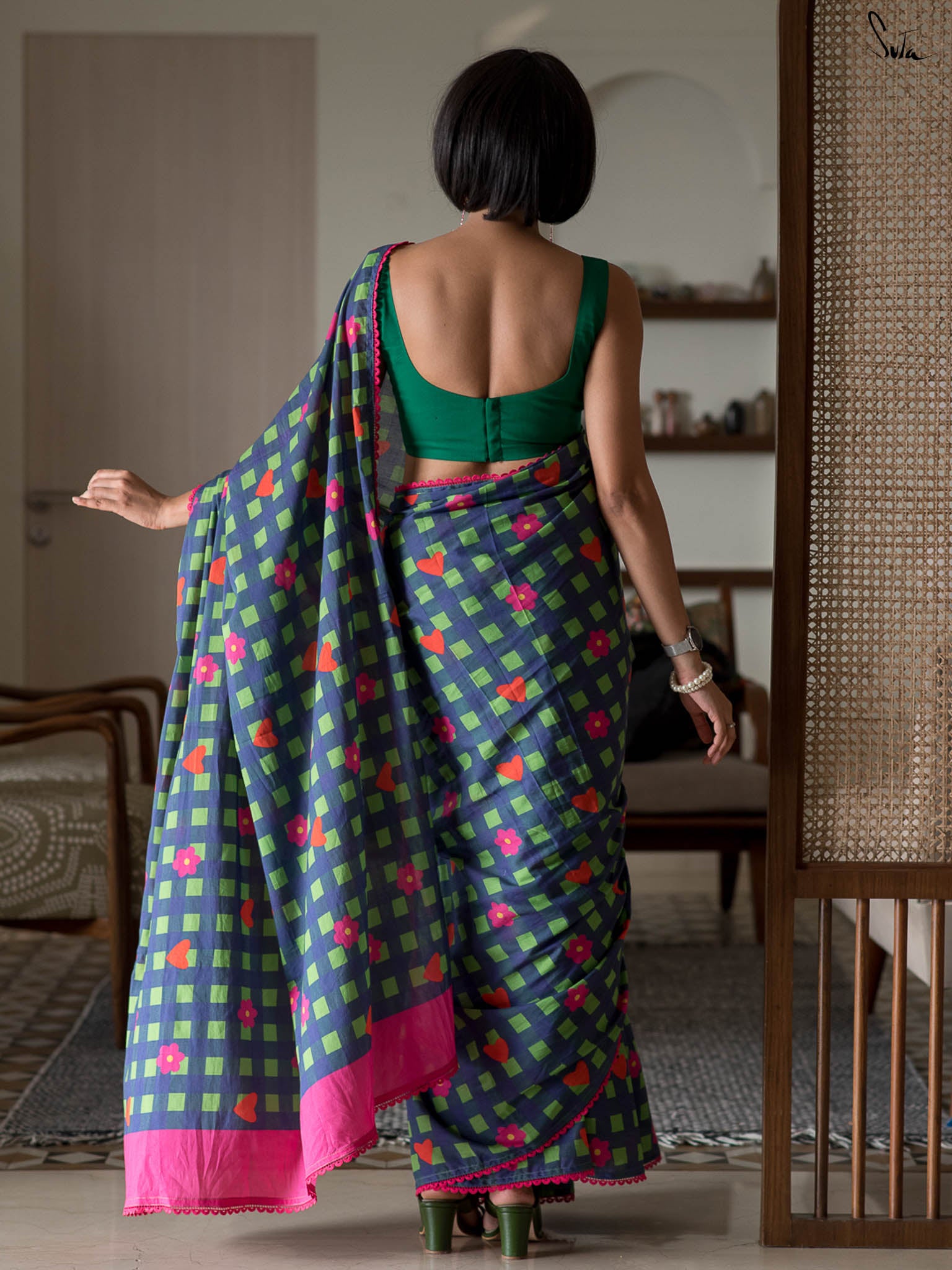 Suta Green & Blue Checked Embroidered Pure Cotton Saree