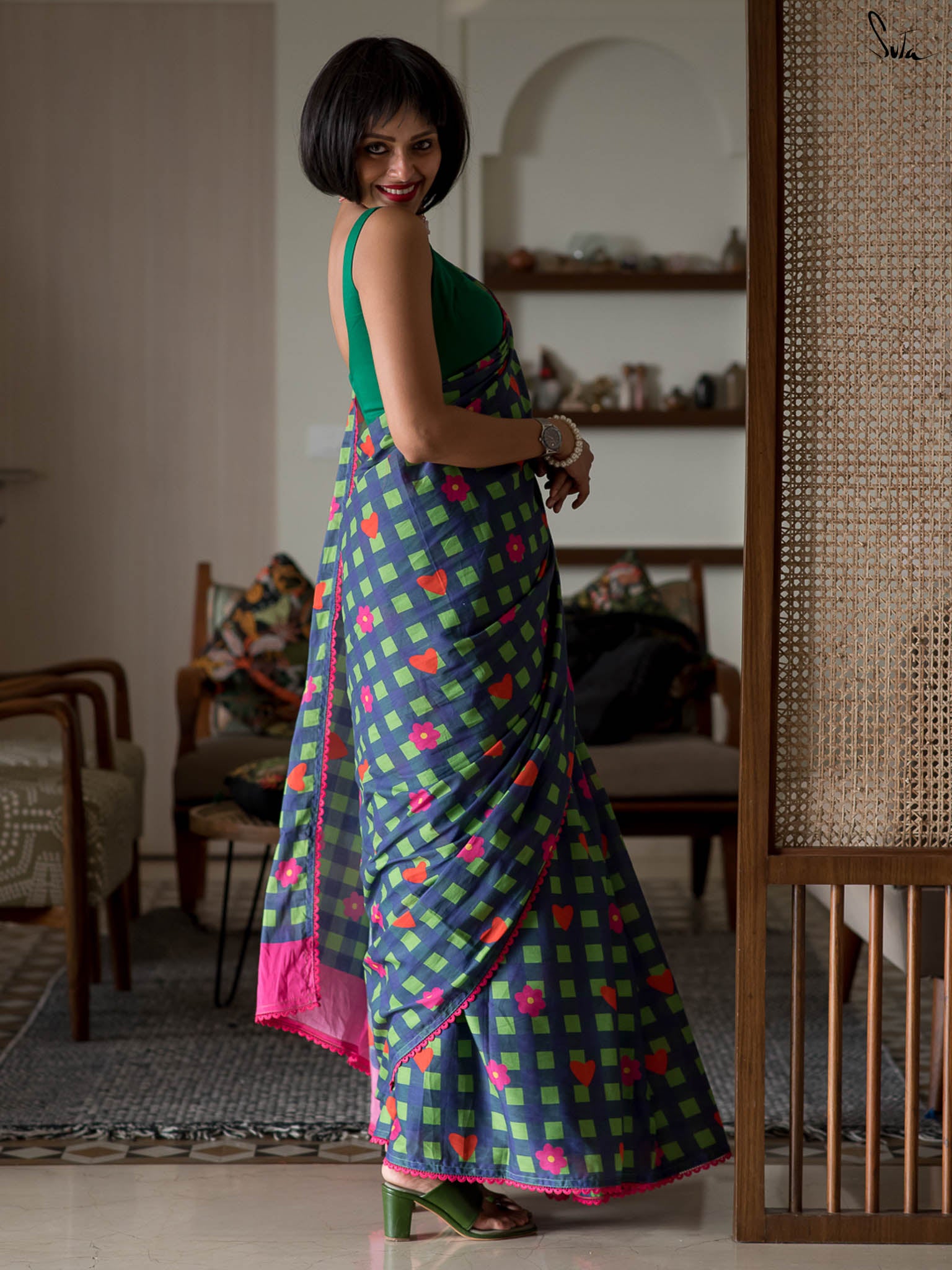 Suta Green & Blue Checked Embroidered Pure Cotton Saree