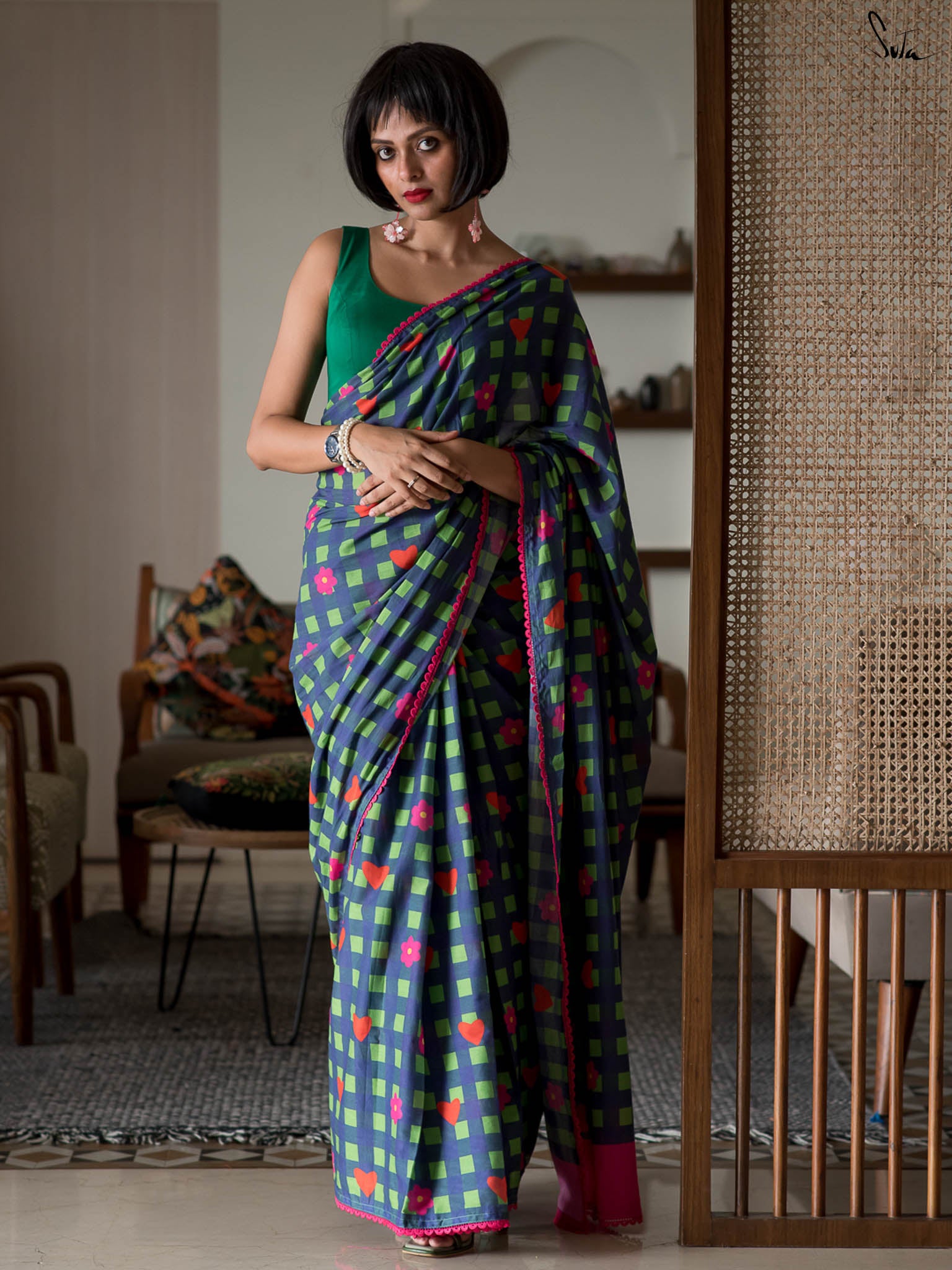 Suta Green & Blue Checked Embroidered Pure Cotton Saree