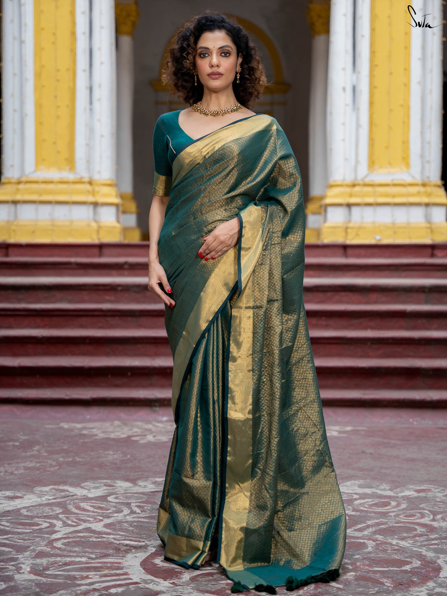 Suta Ethnic Motifs Green Color Pure Cotton Zari Saree