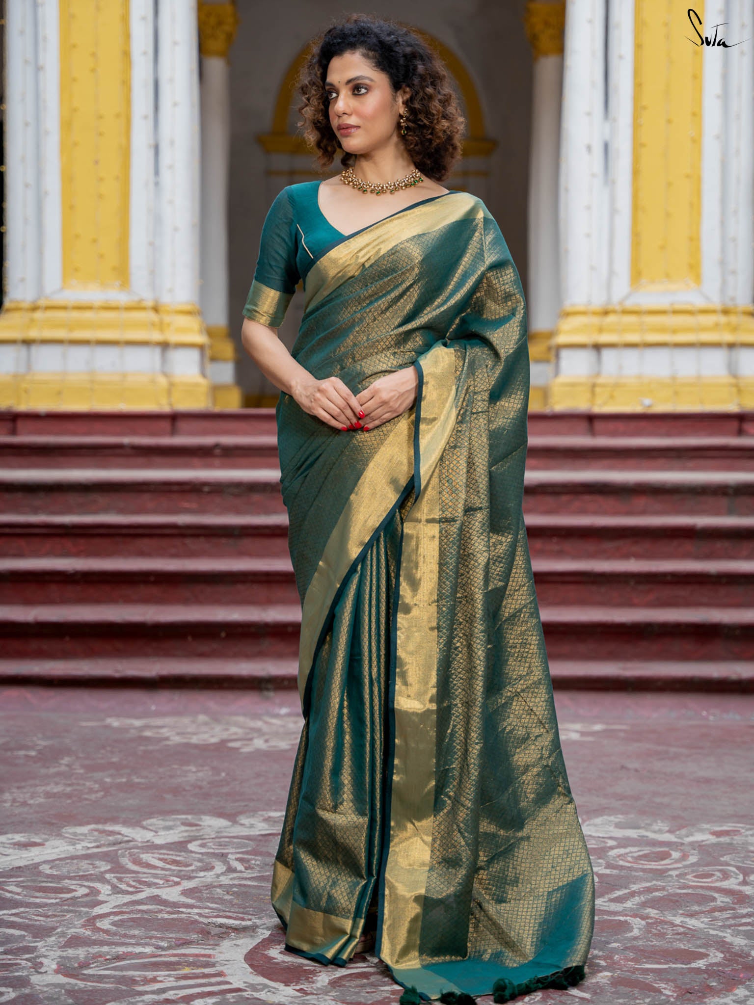 Suta Ethnic Motifs Green Color Pure Cotton Zari Saree