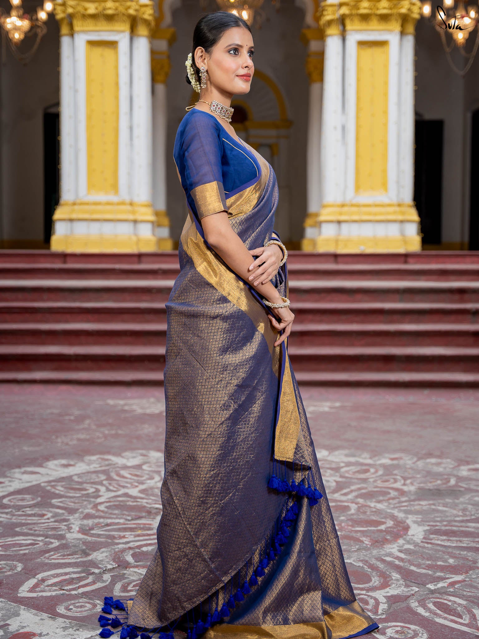 Suta Blue Color Pure Cotton Zari Saree
