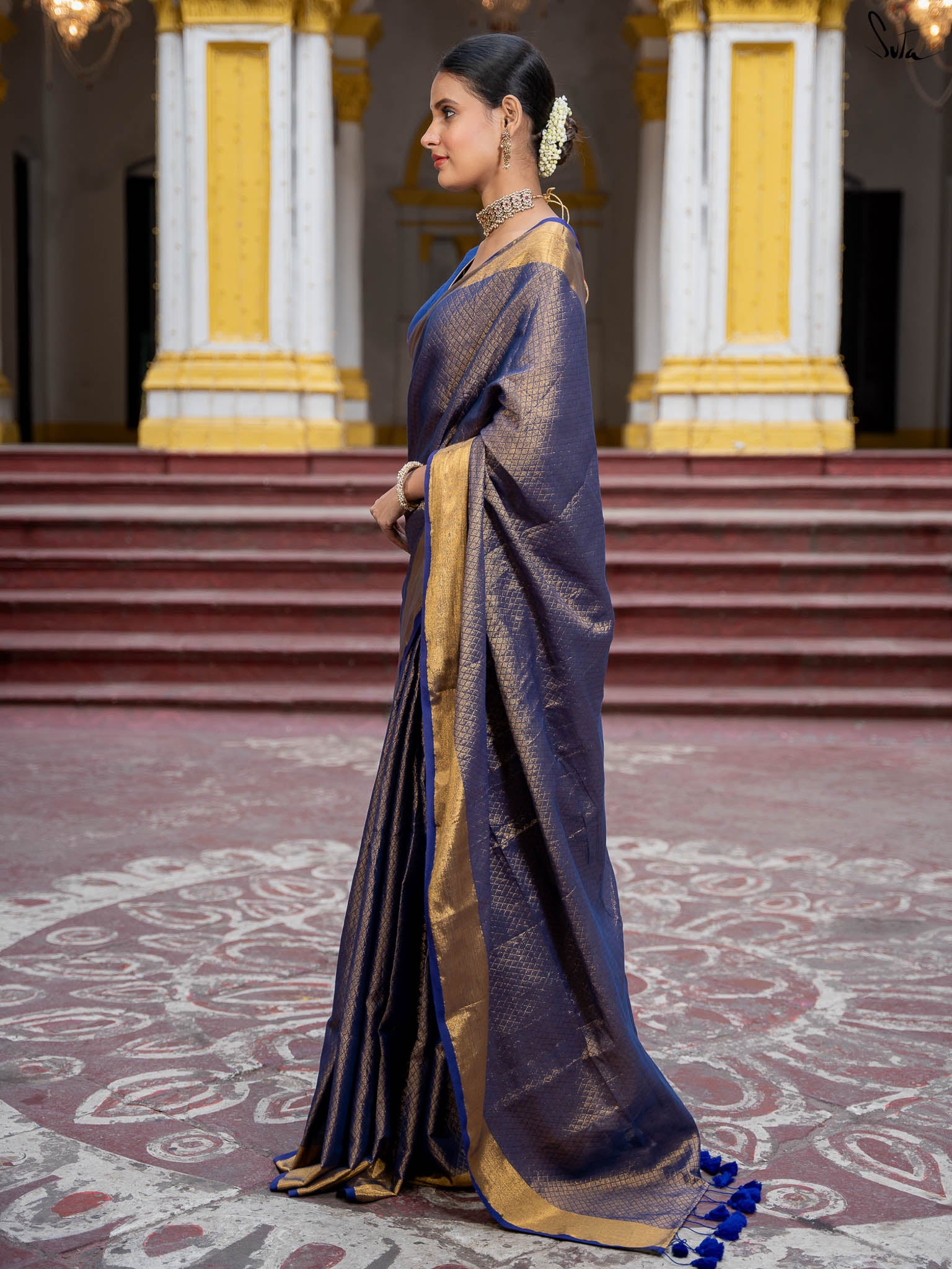 Suta Blue Color Pure Cotton Zari Saree
