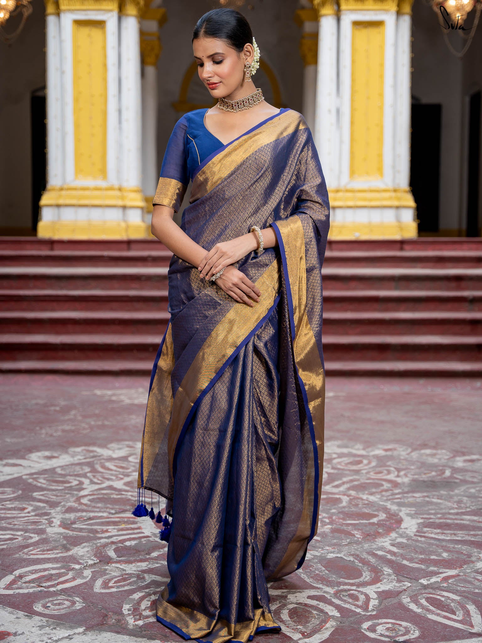 Suta Blue Color Pure Cotton Zari Saree