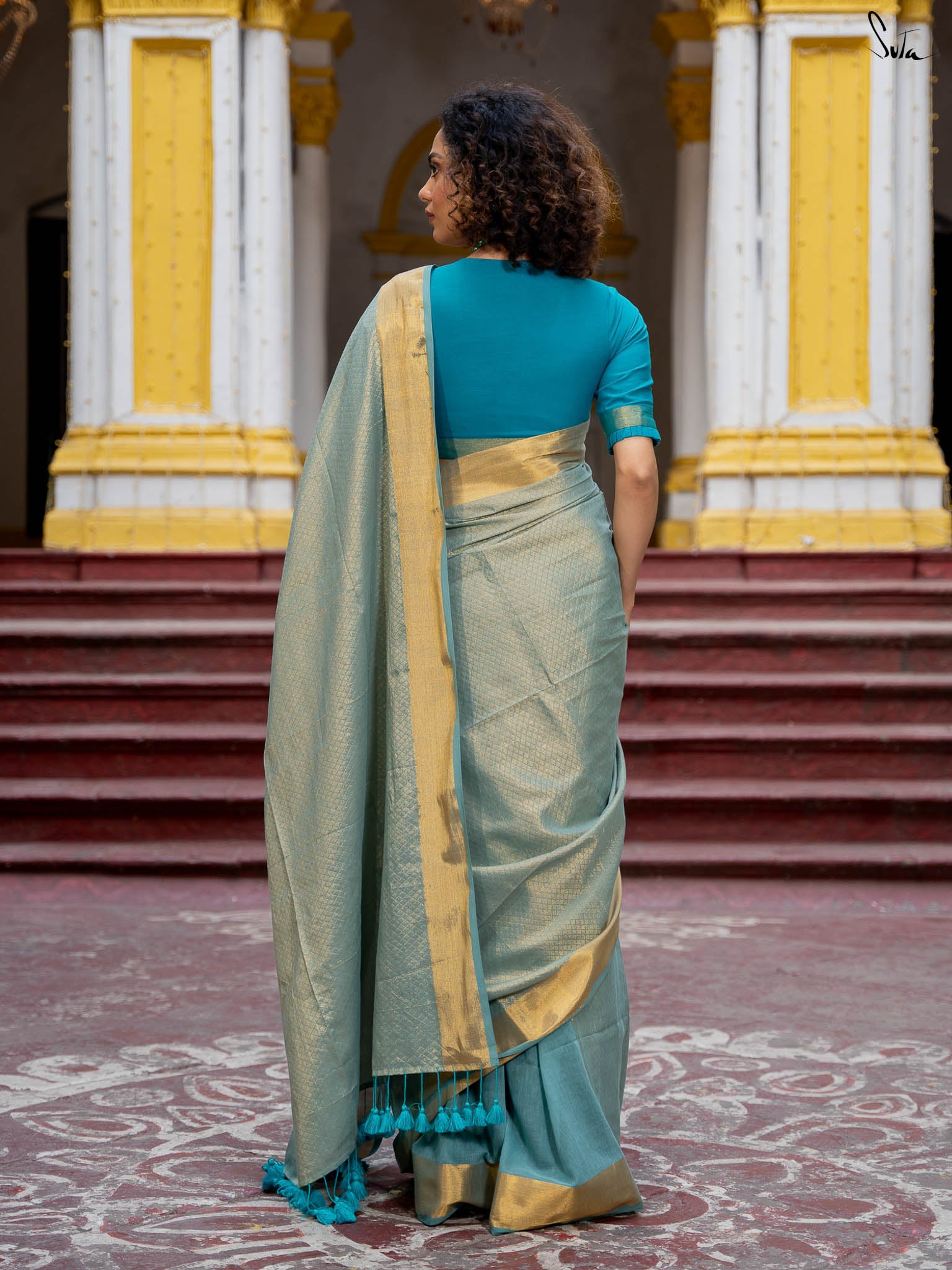 Suta Blue Color Cotton Zari Saree