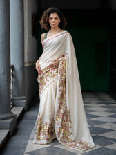 Floral Foil Printed Off White Saree