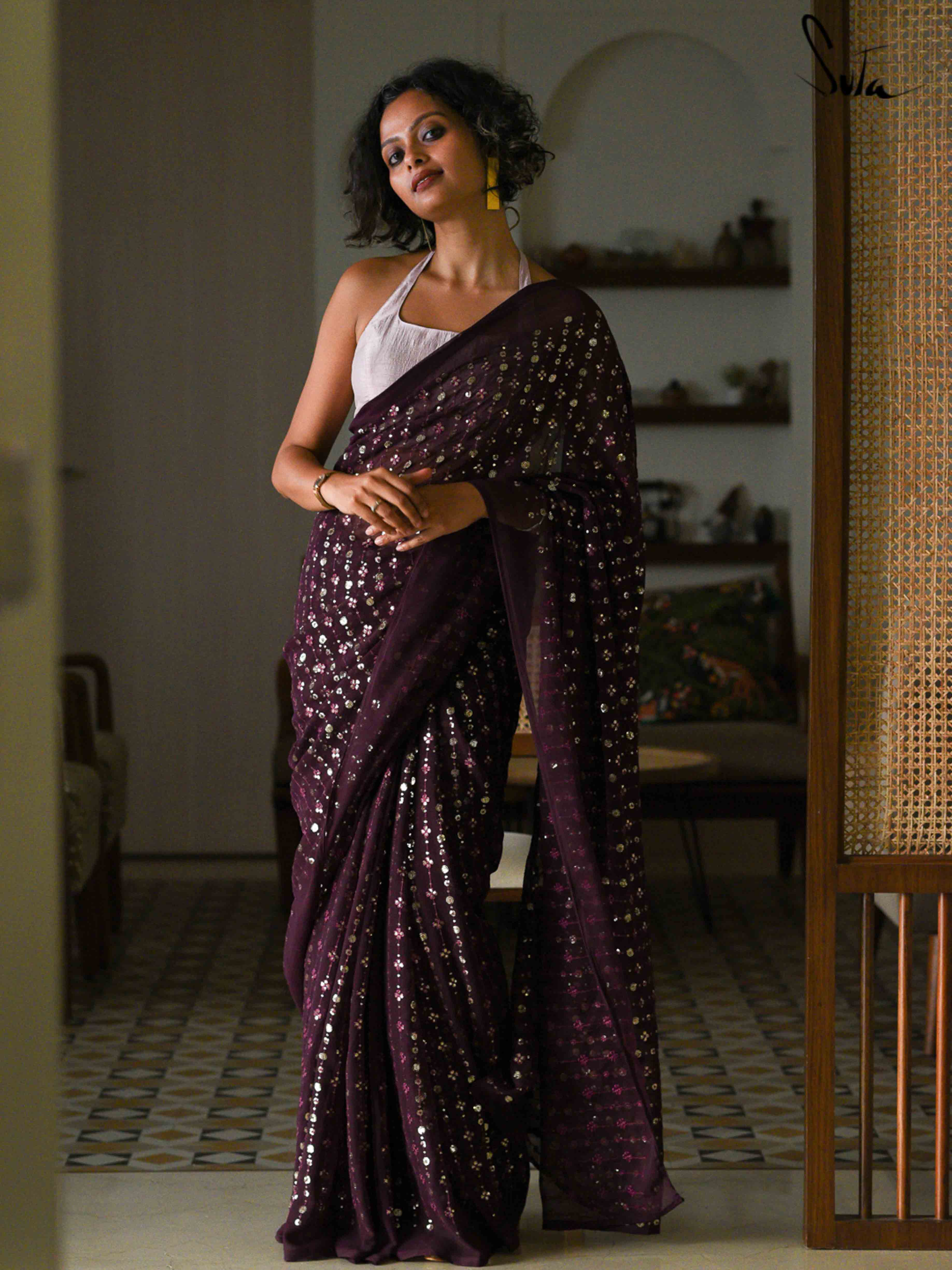 Shop Latest Farewell Ready Wine Sequence Saree - Ethnic Race