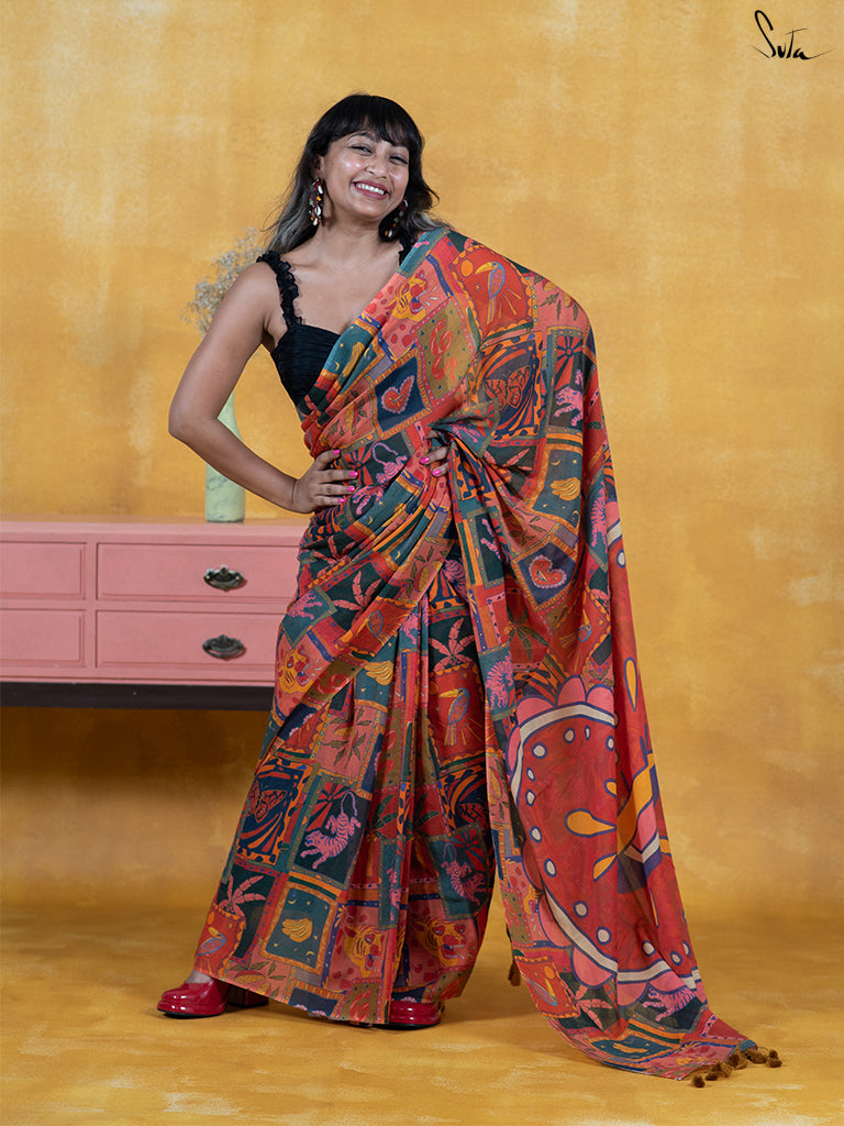 Navya Swamy goes retro in a quirky printed sky blue saree and red blouse!
