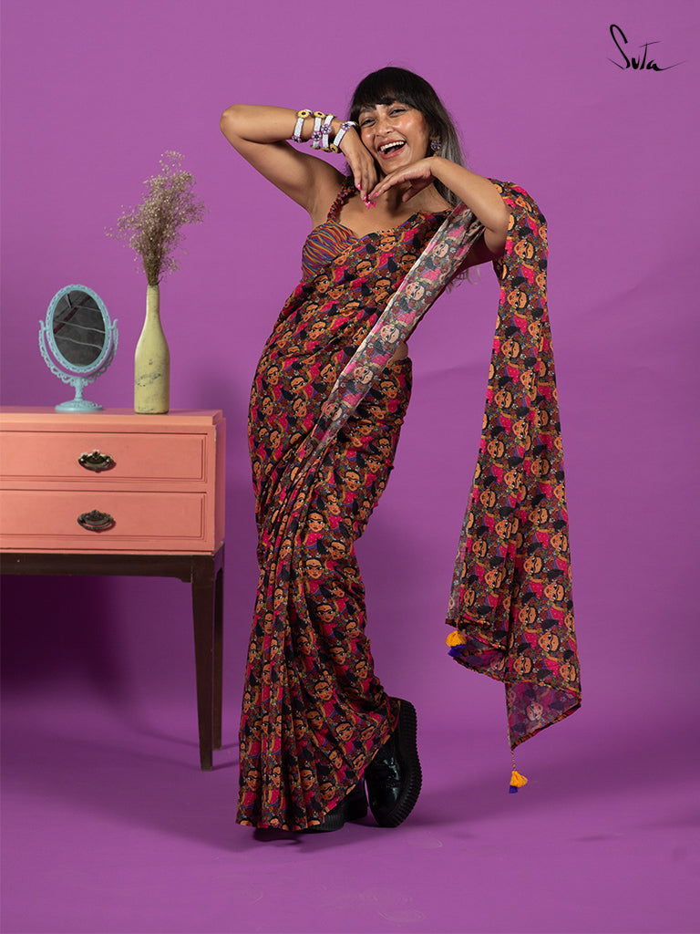 Hand Block Printed Tussar Silk Saree with Bird and Floral Theme BBPRTS –  bbaawri