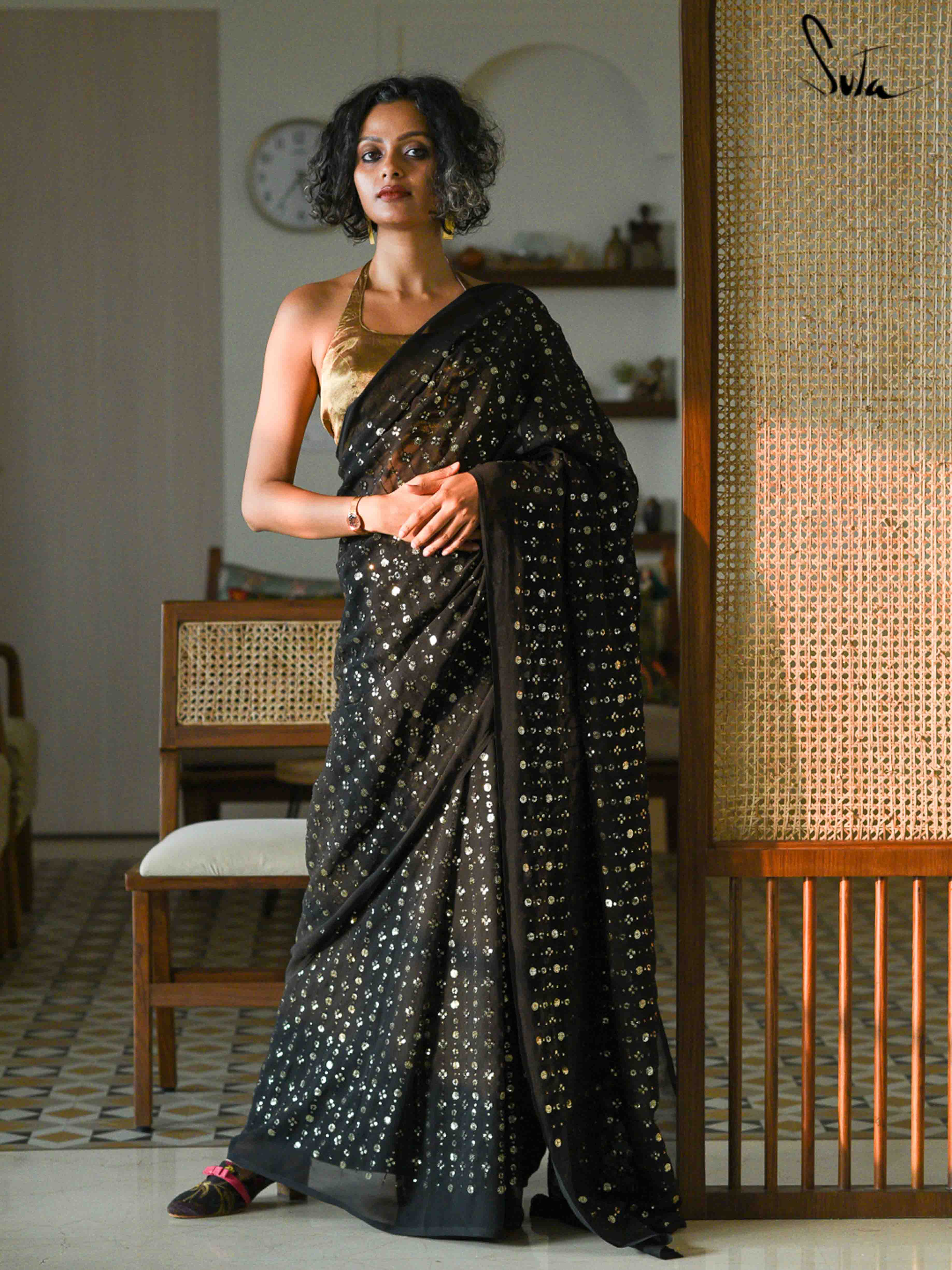 Polka Dot Printed Yellow Mulmul Cotton Saree|Bee Line|Suta