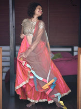 Dhoopchav Pink And Orange Raw Silk Skirt - suta.in