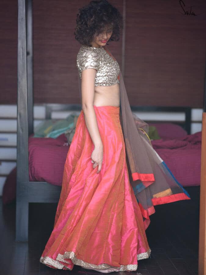 Dhoopchav Pink And Orange Raw Silk Skirt - suta.in