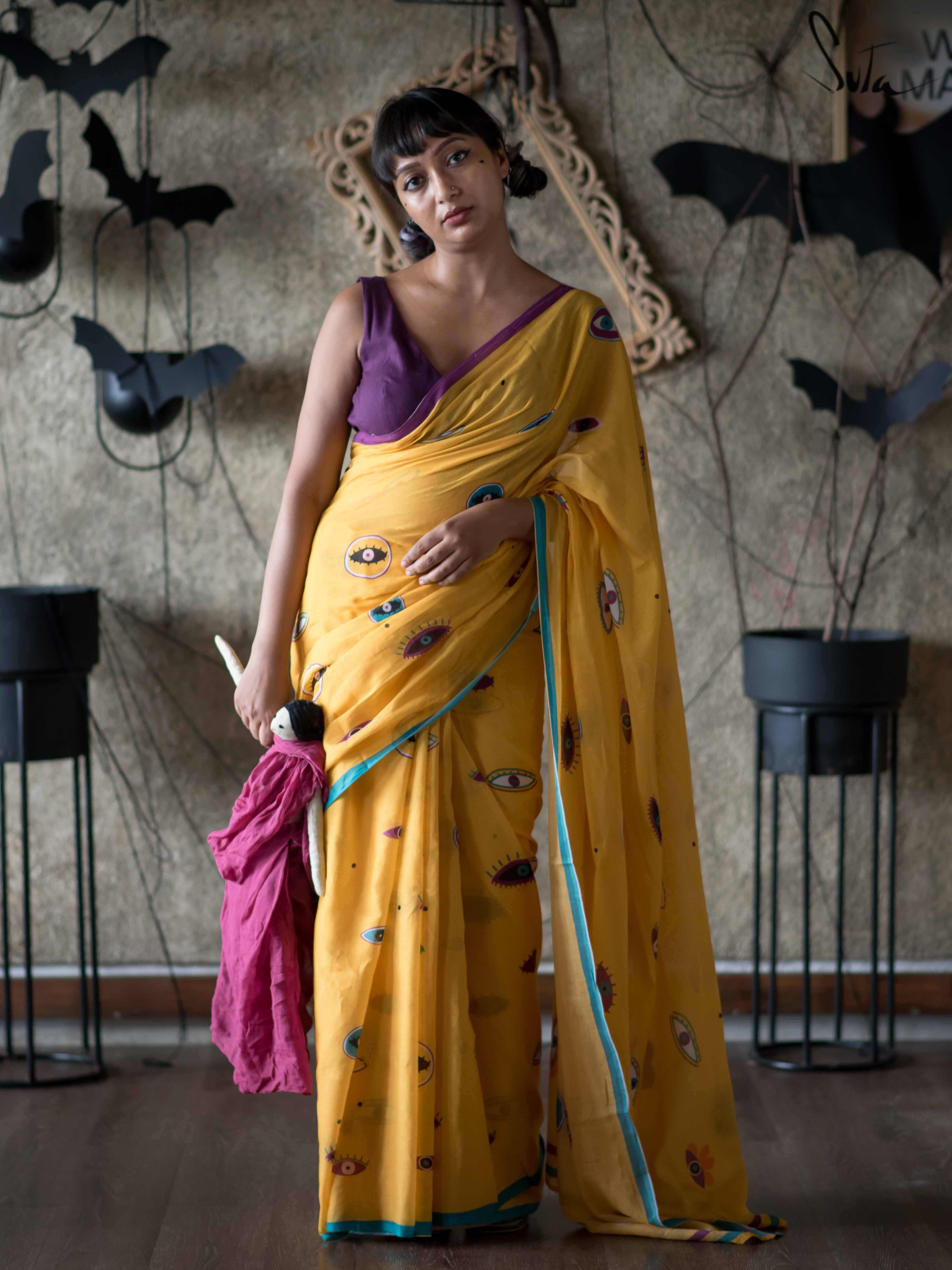 Buy REDFISH Yellow saree Pure Chiffon simple light weight sari jari border  With jacquard Blouse Piece For Women at Amazon.in