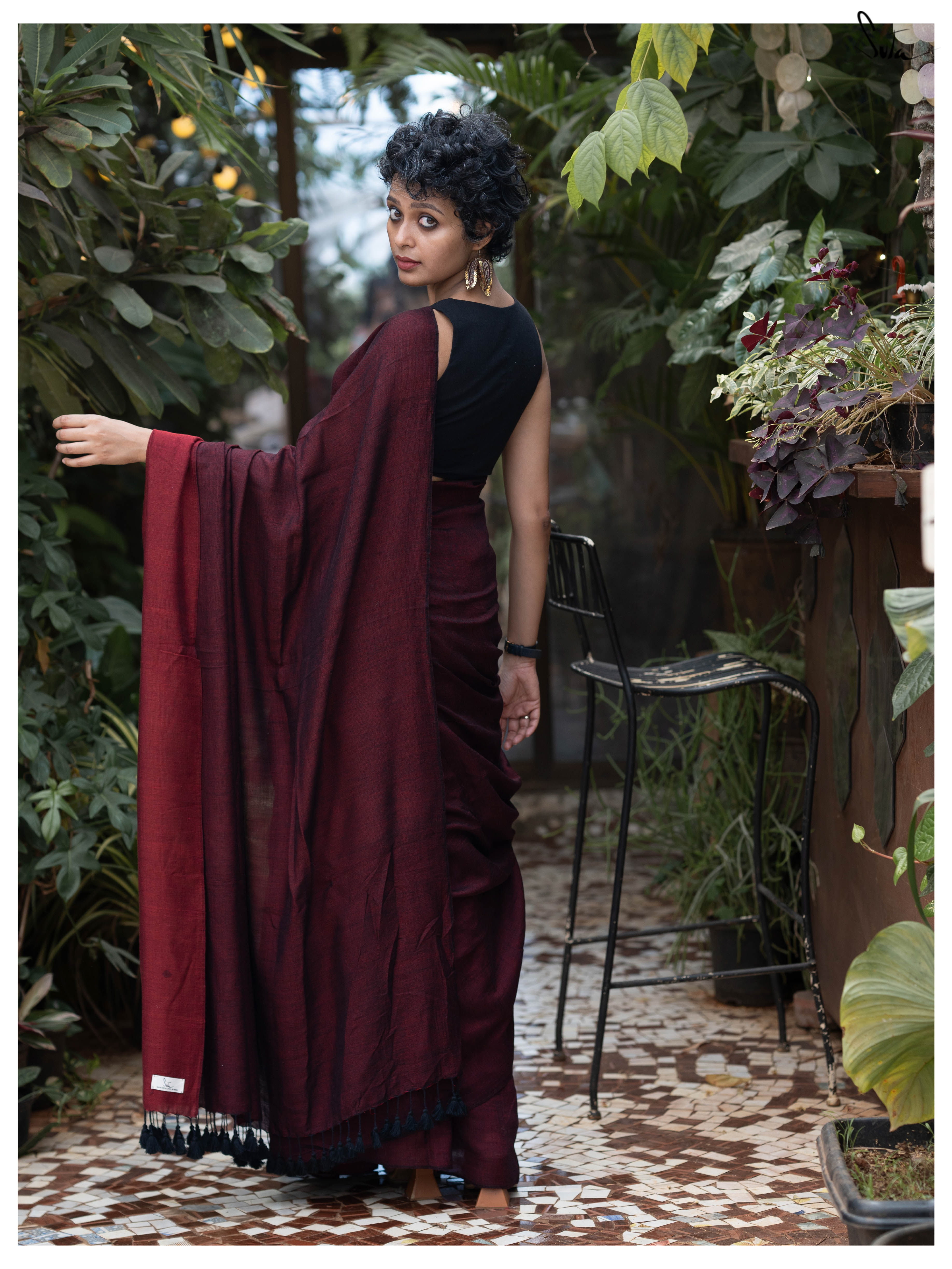 Burnt Maroon Organza Printed Designer Saree | Singhania's